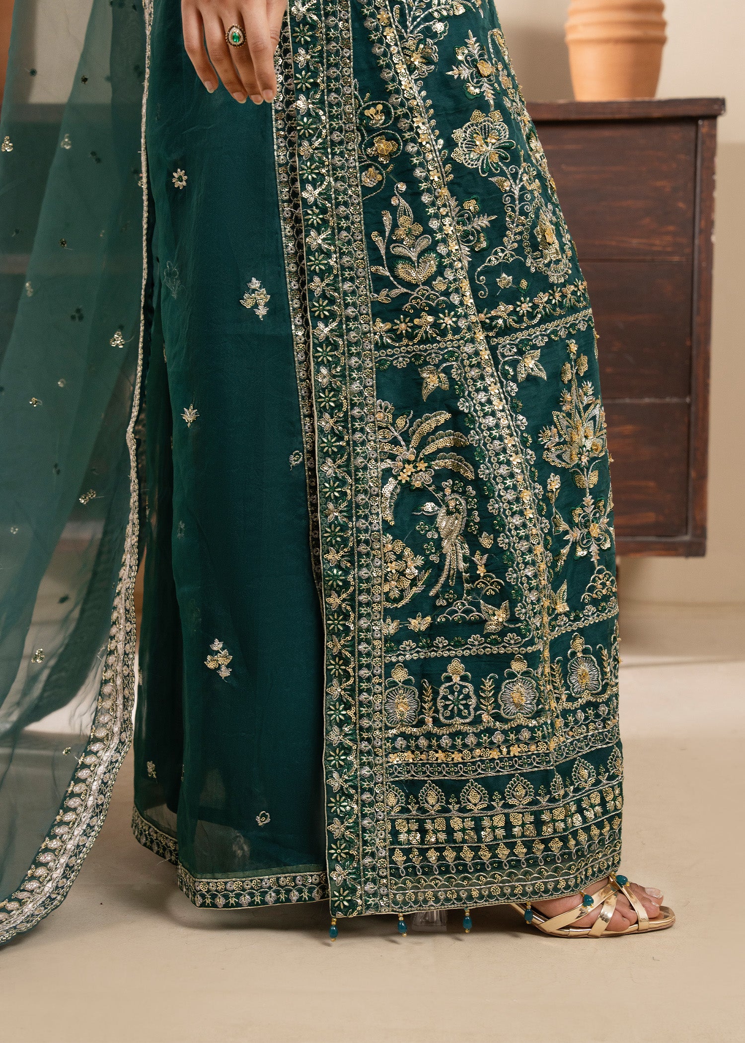 net Kurta Set in Pine green