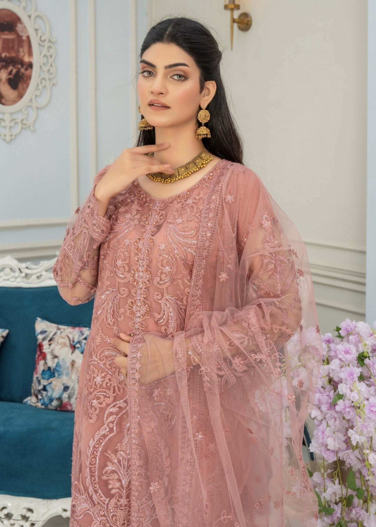 net Kurta Set in Tea rose pink