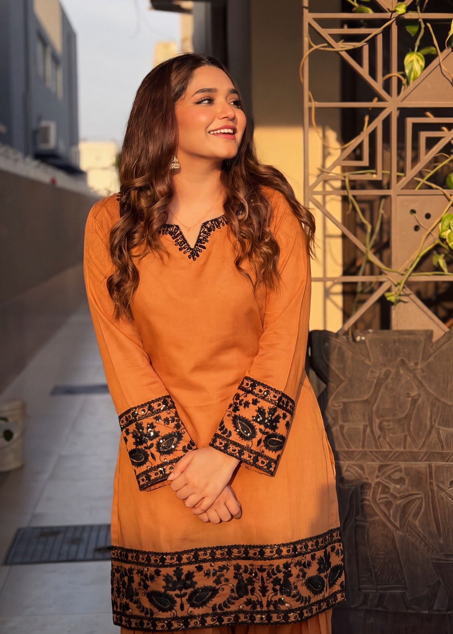 lawn Kurta Set in Sunrise orange