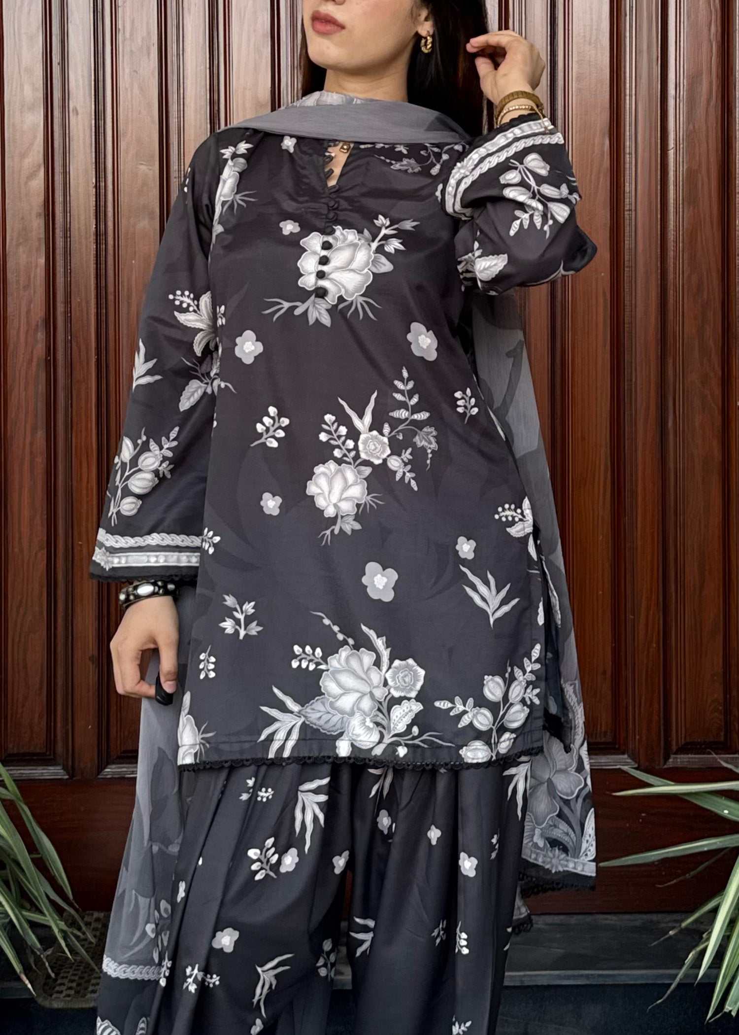 silk finish lawn Kurta Set in Black