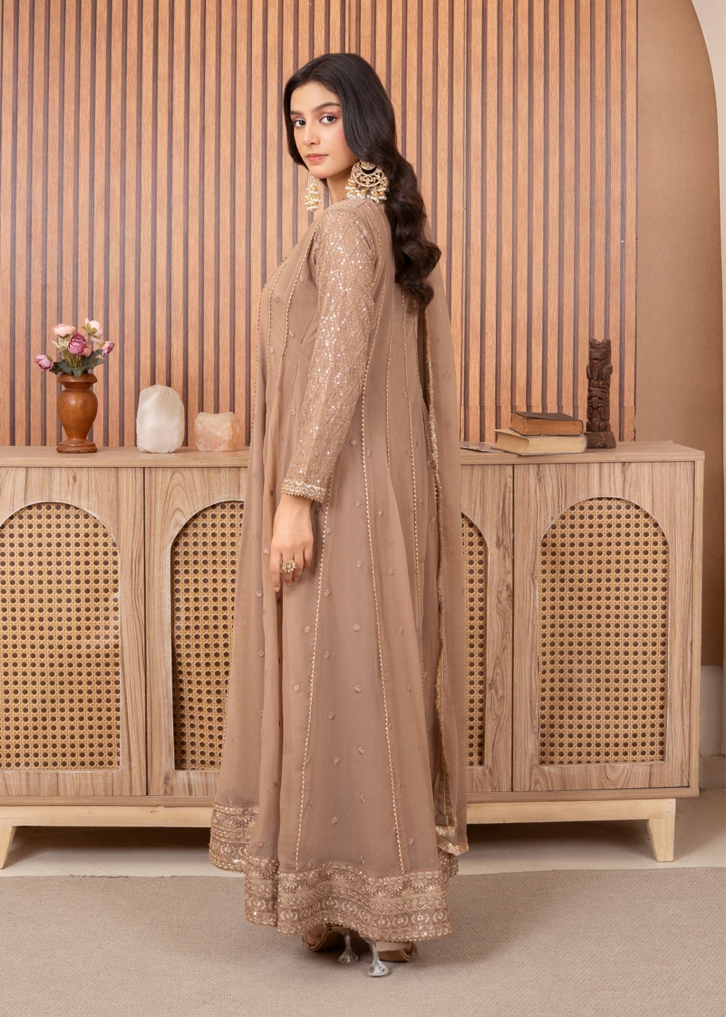 chiffon Pishwas in Camel brown