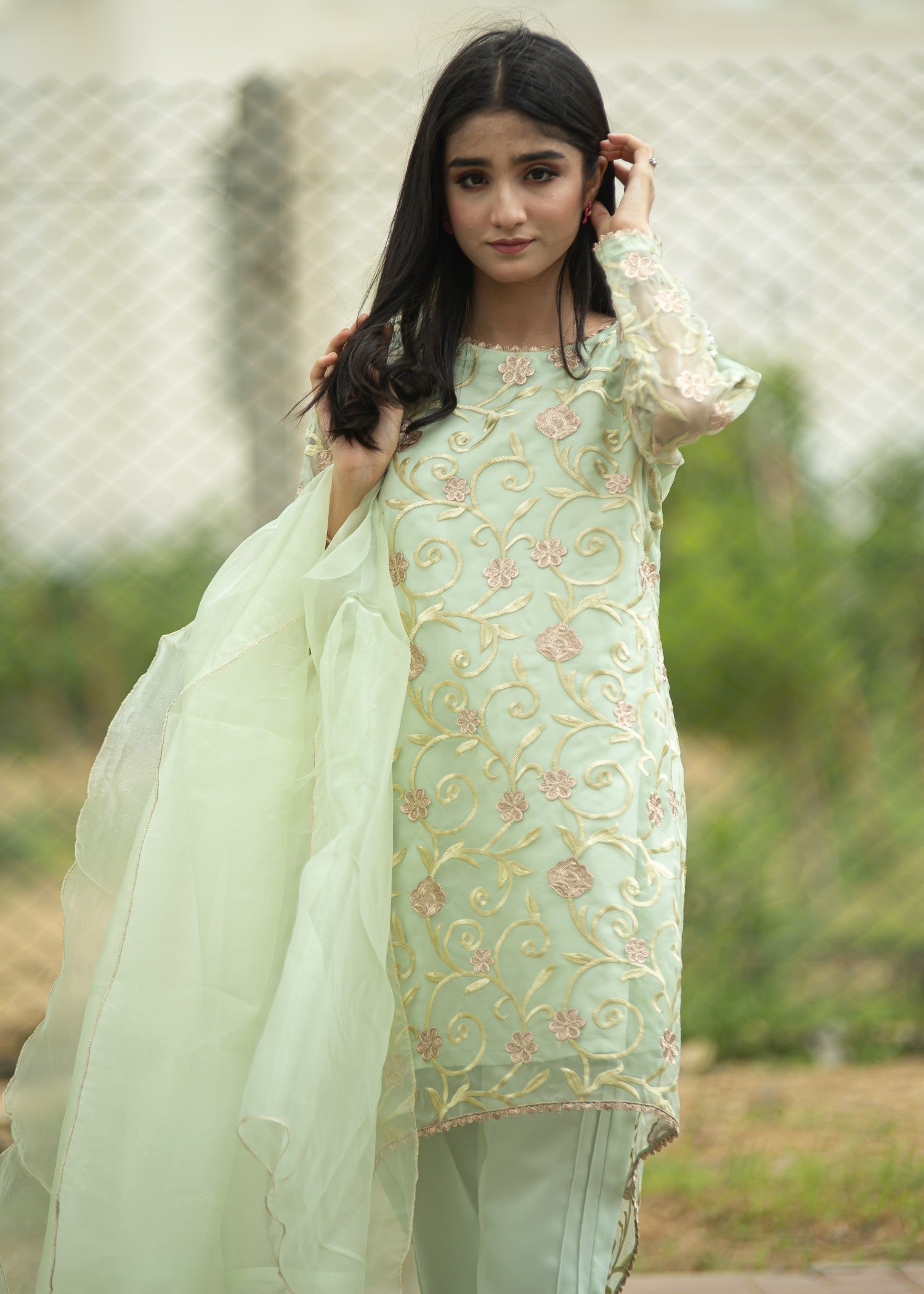 organza Short Frock in Tea green