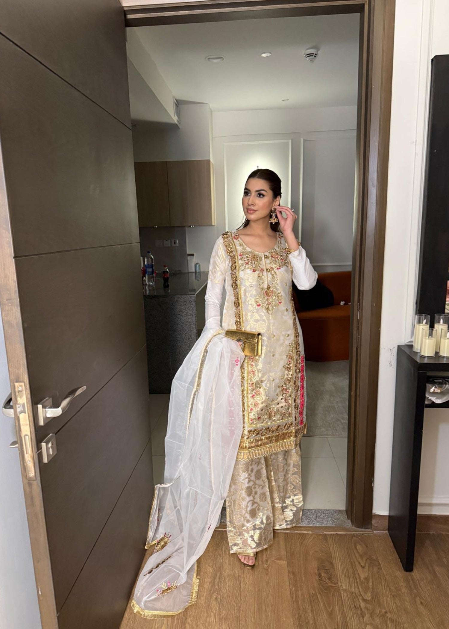 jamawar jacquard Kurta Set in White