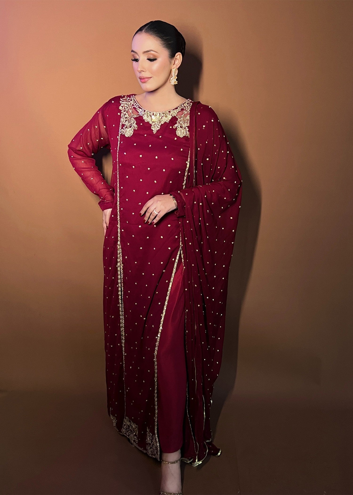 chiffon Pishwas in Maroon