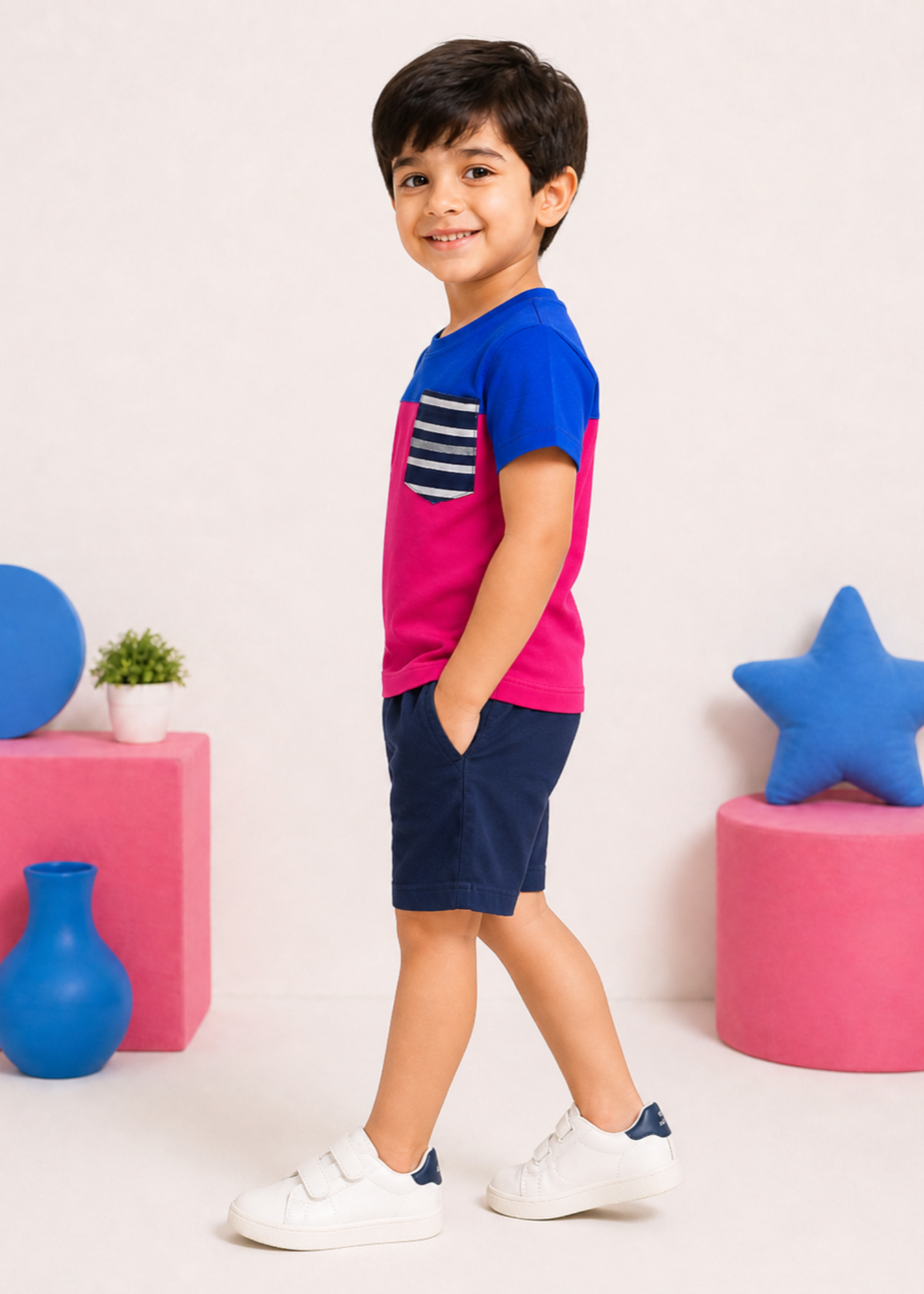 single jersey knit T Shirt in Royal blue, lollipop pink