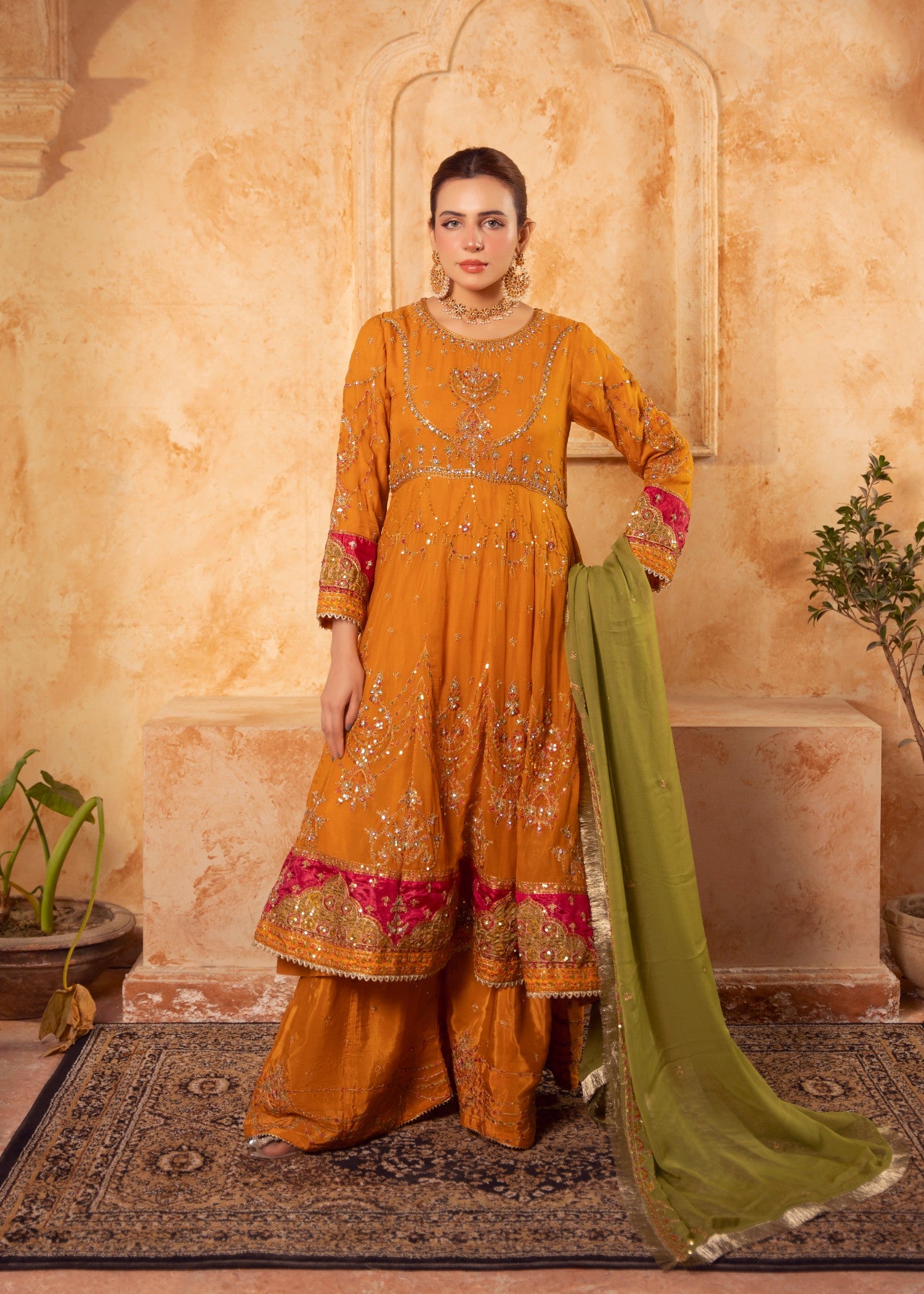 chiffon Pishwas in Yellow ochre