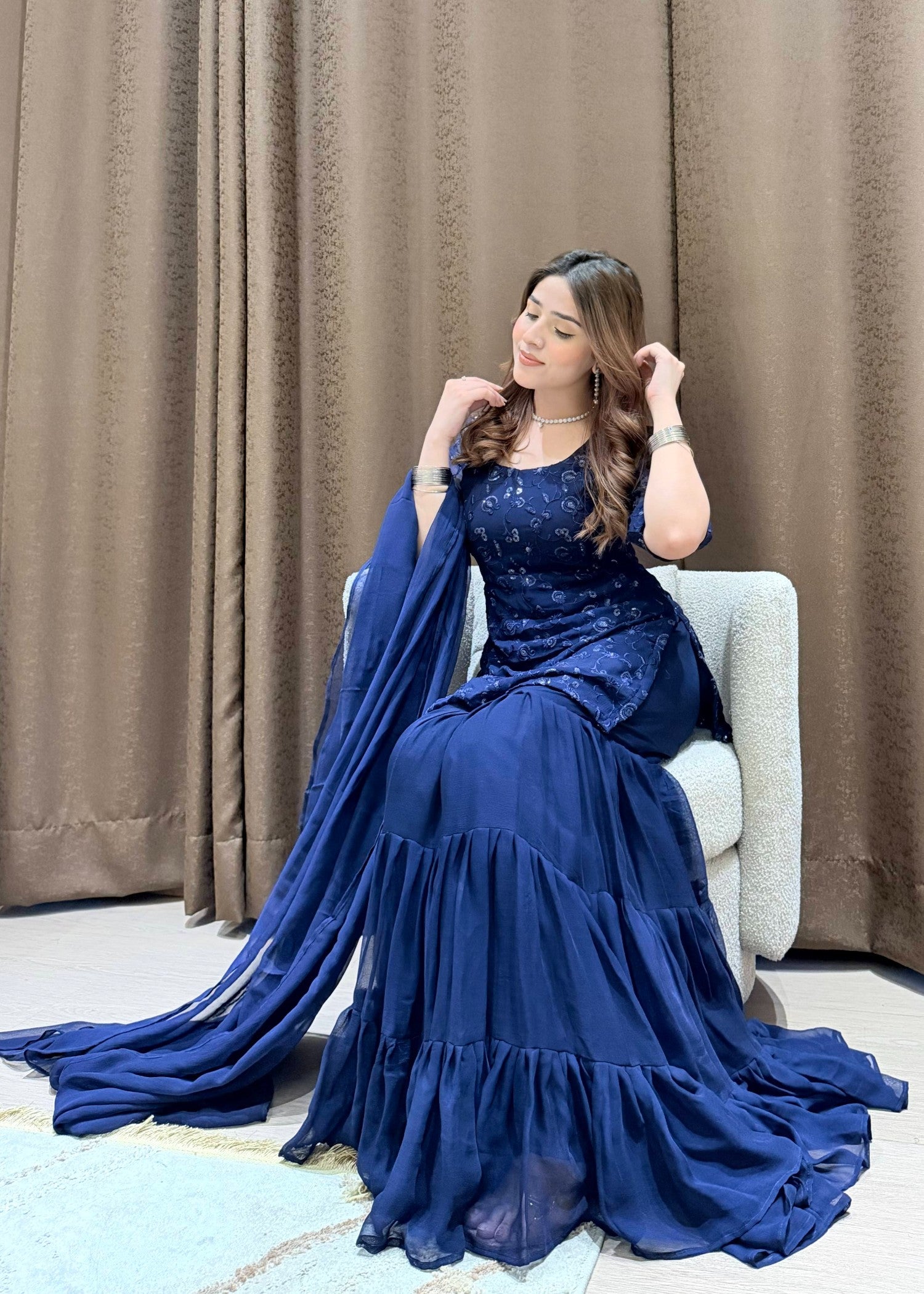 bemberg crinkle chiffon Gharara in Navy blue