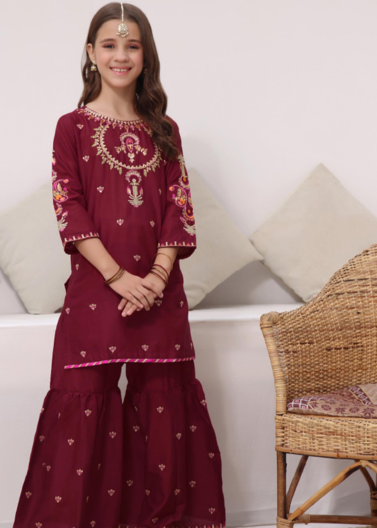 lawn Gharara in Maroon