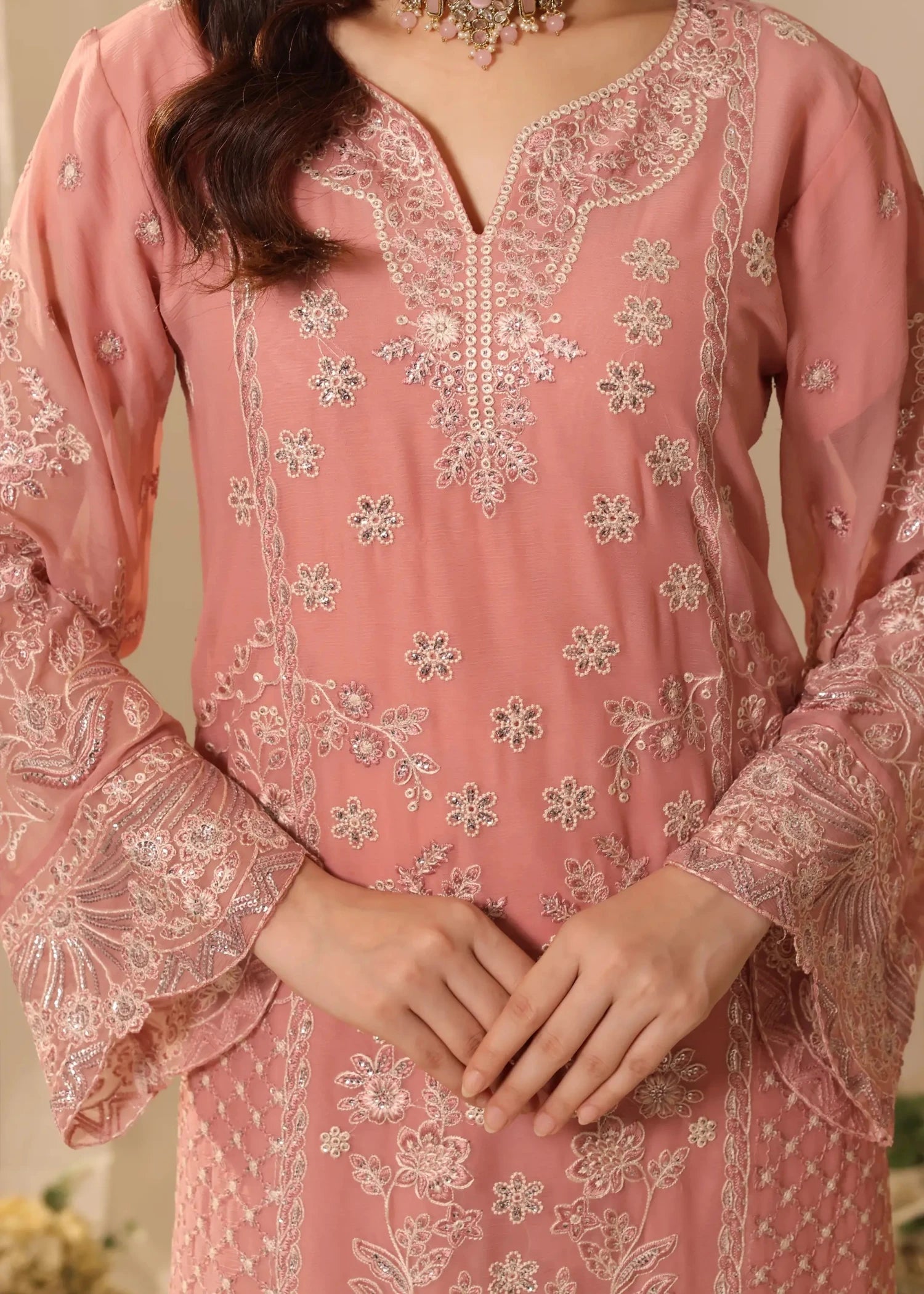 chiffon Kurta Set in Tea rose pink