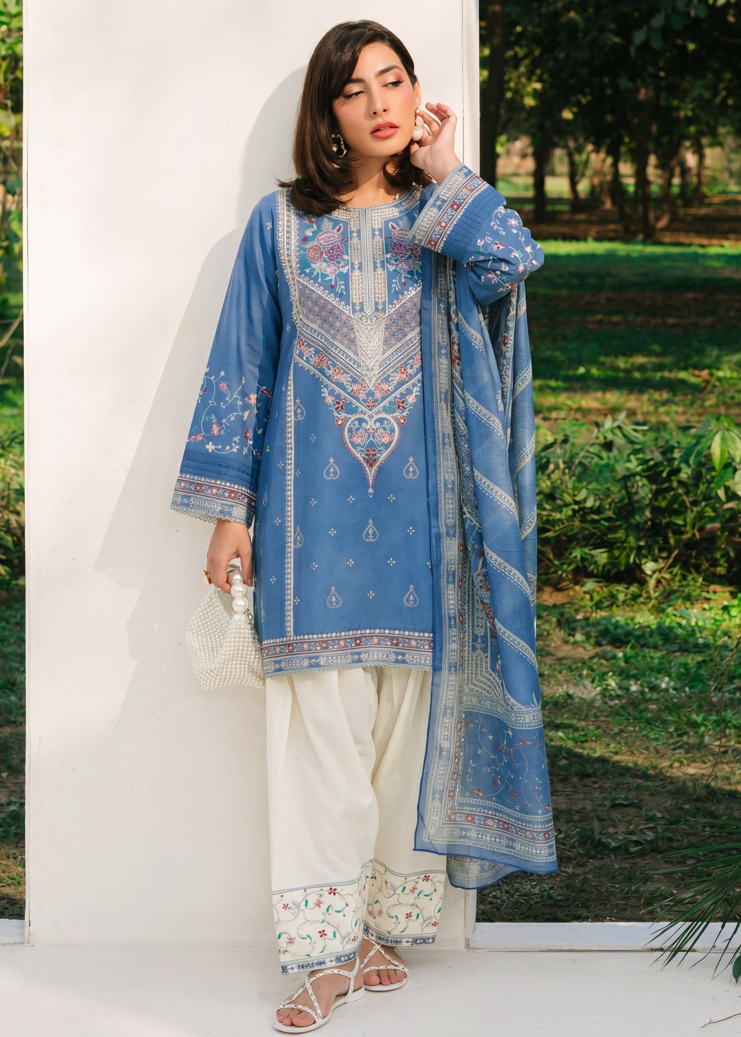 lawn Kurta Set in Cornflower blue