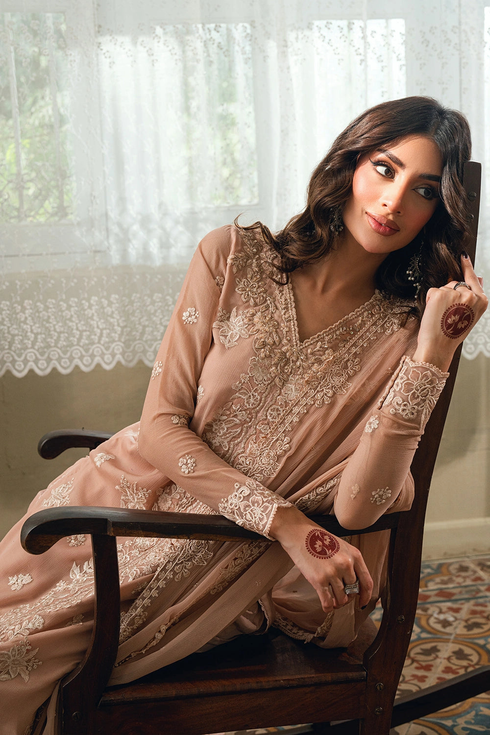 bemberg crinkle chiffon Kurta Set in Tea rose pink
