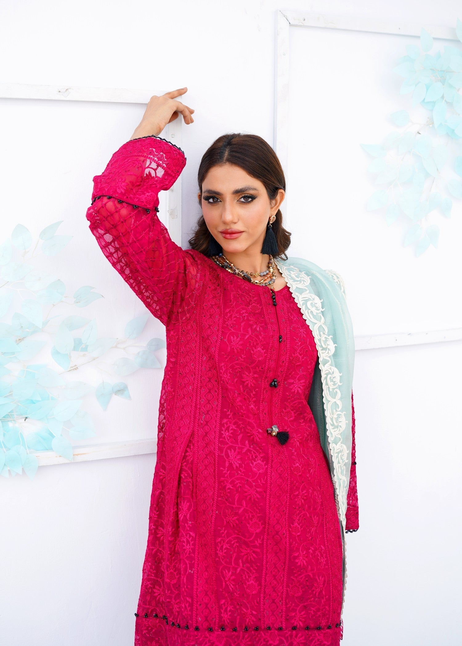 organza net Short Frock in Deep pink