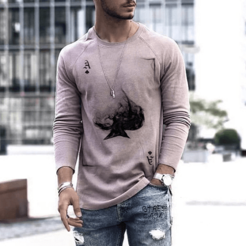 Fashion Poker Printed Top Men'S round Neck Long Sleeve