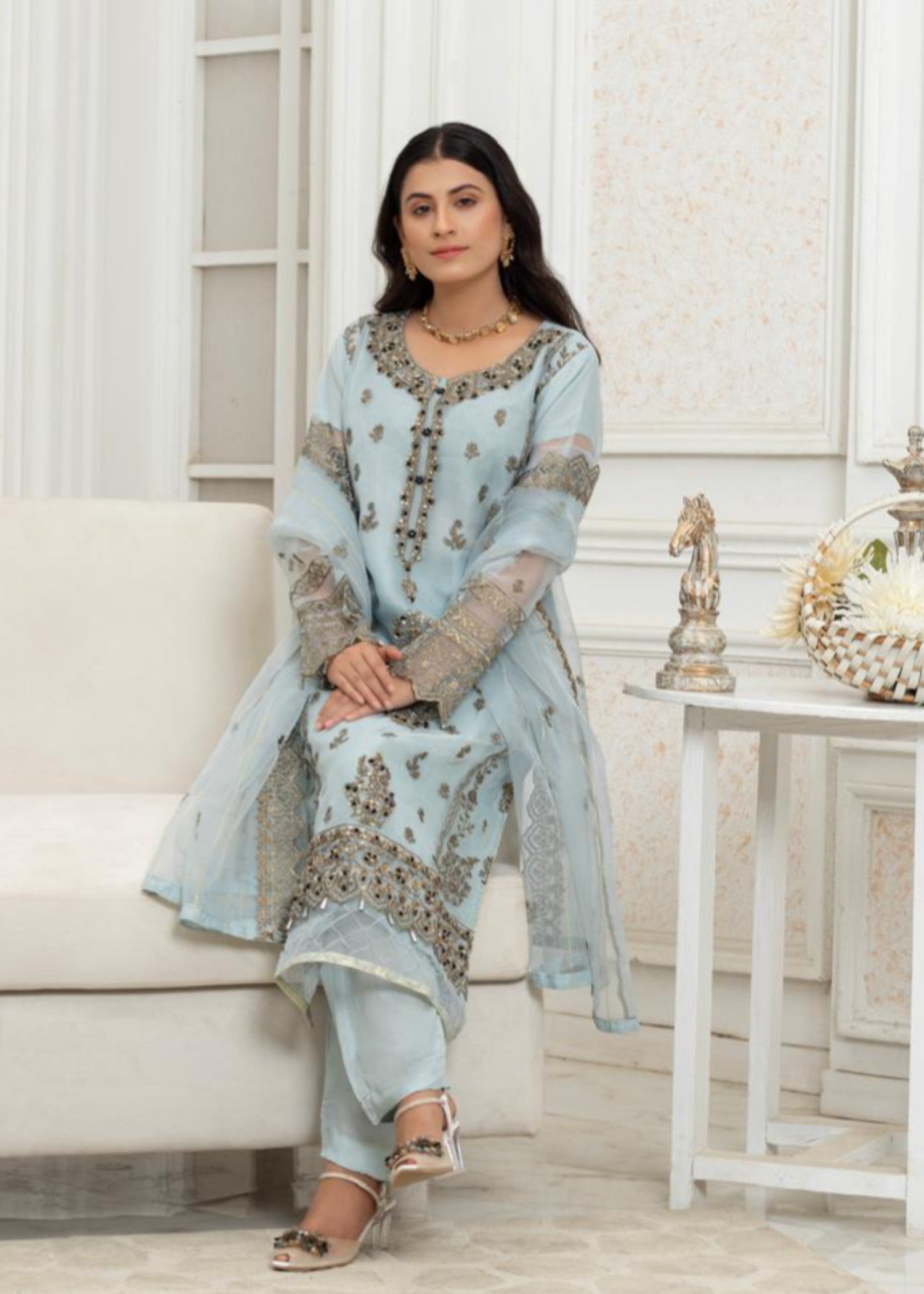 organza Kurta Set in Ice blue