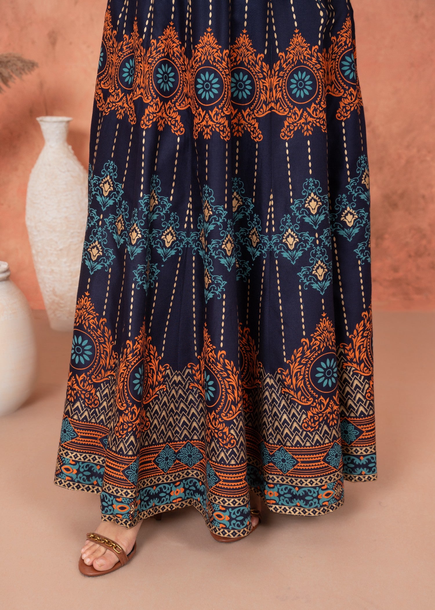 linen Anarkali in Navy blue