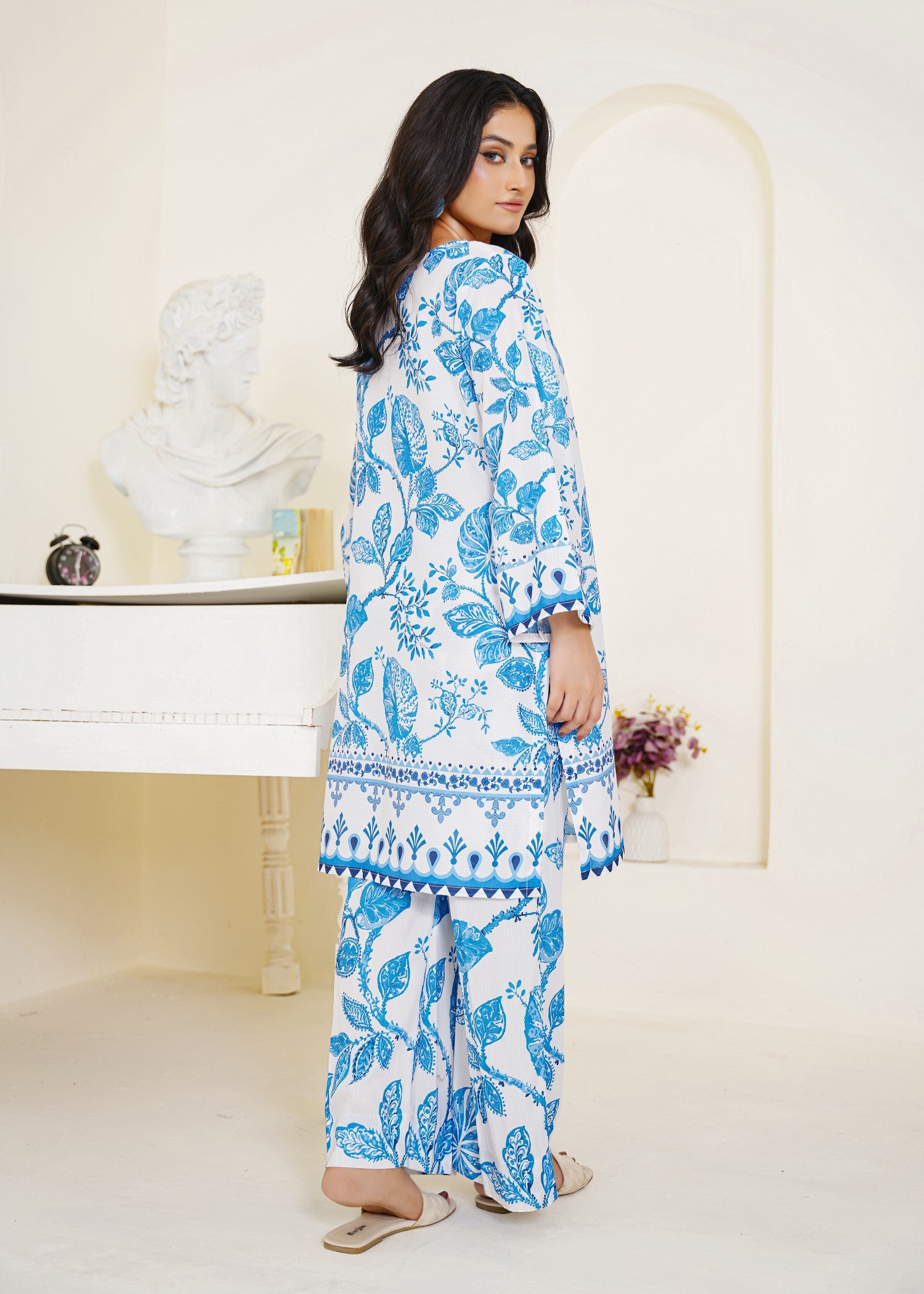 slub cambric Co Ord Sets in White, steel blue