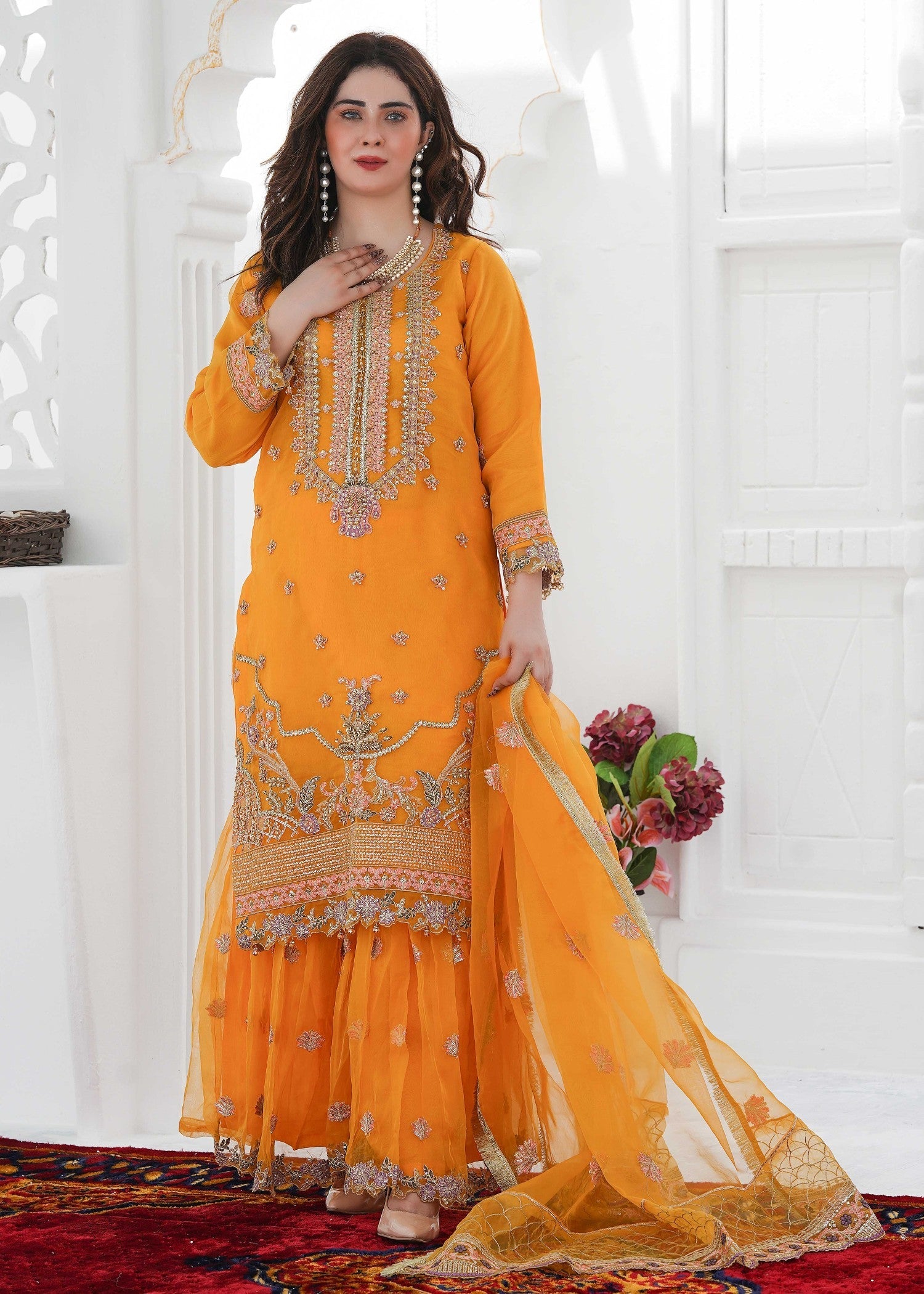 organza Gharara in Golden orange