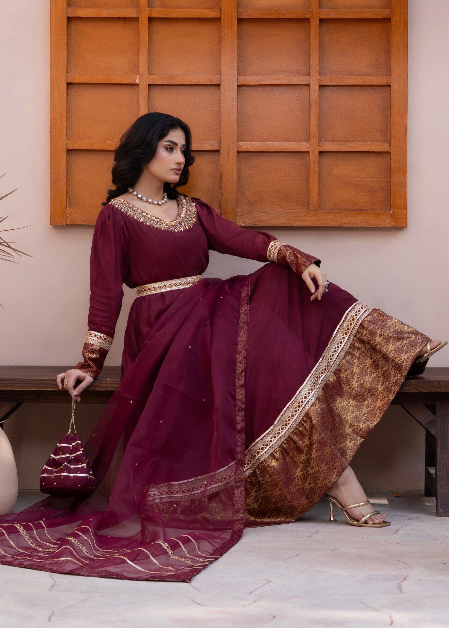 raw silk Maxi in Maroon