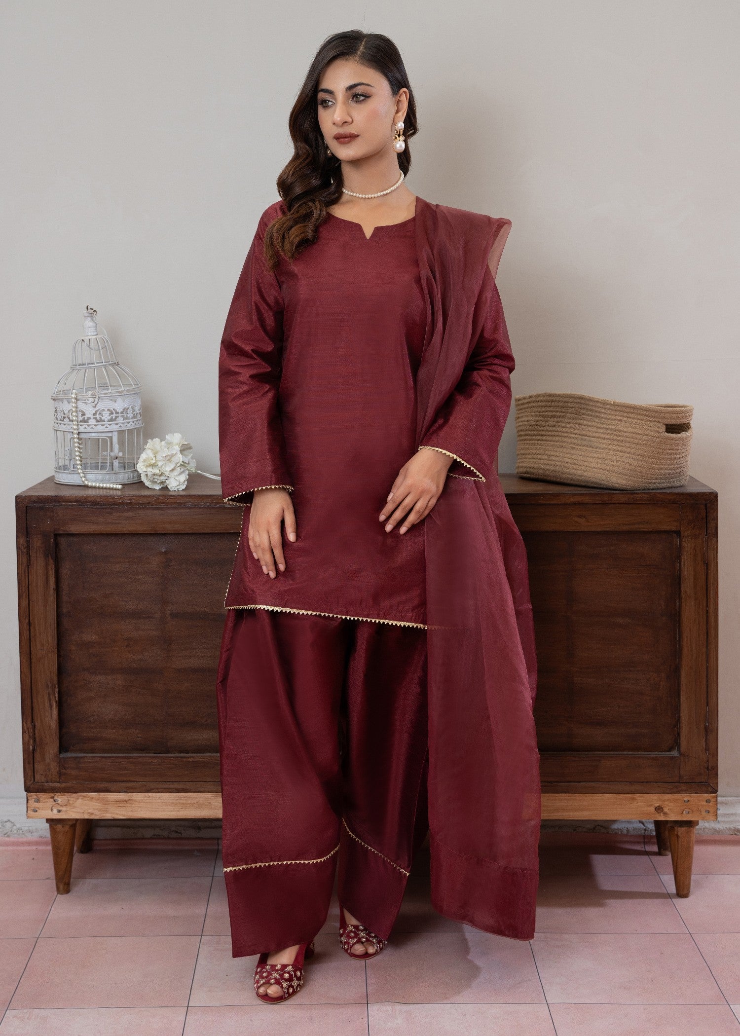 raw silk Kurta Set in Wine