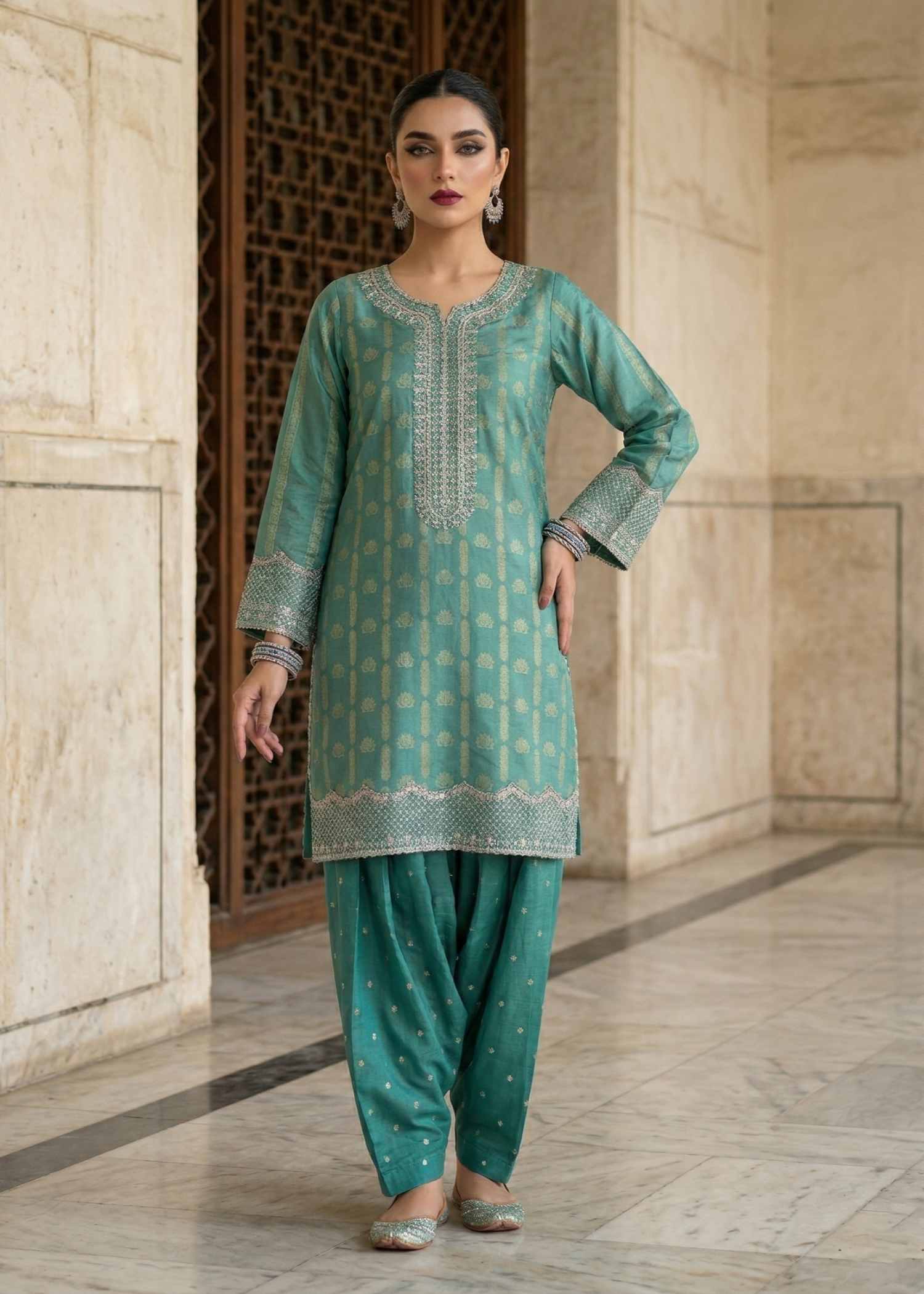 jacquard Kurta Set in Aquamarine