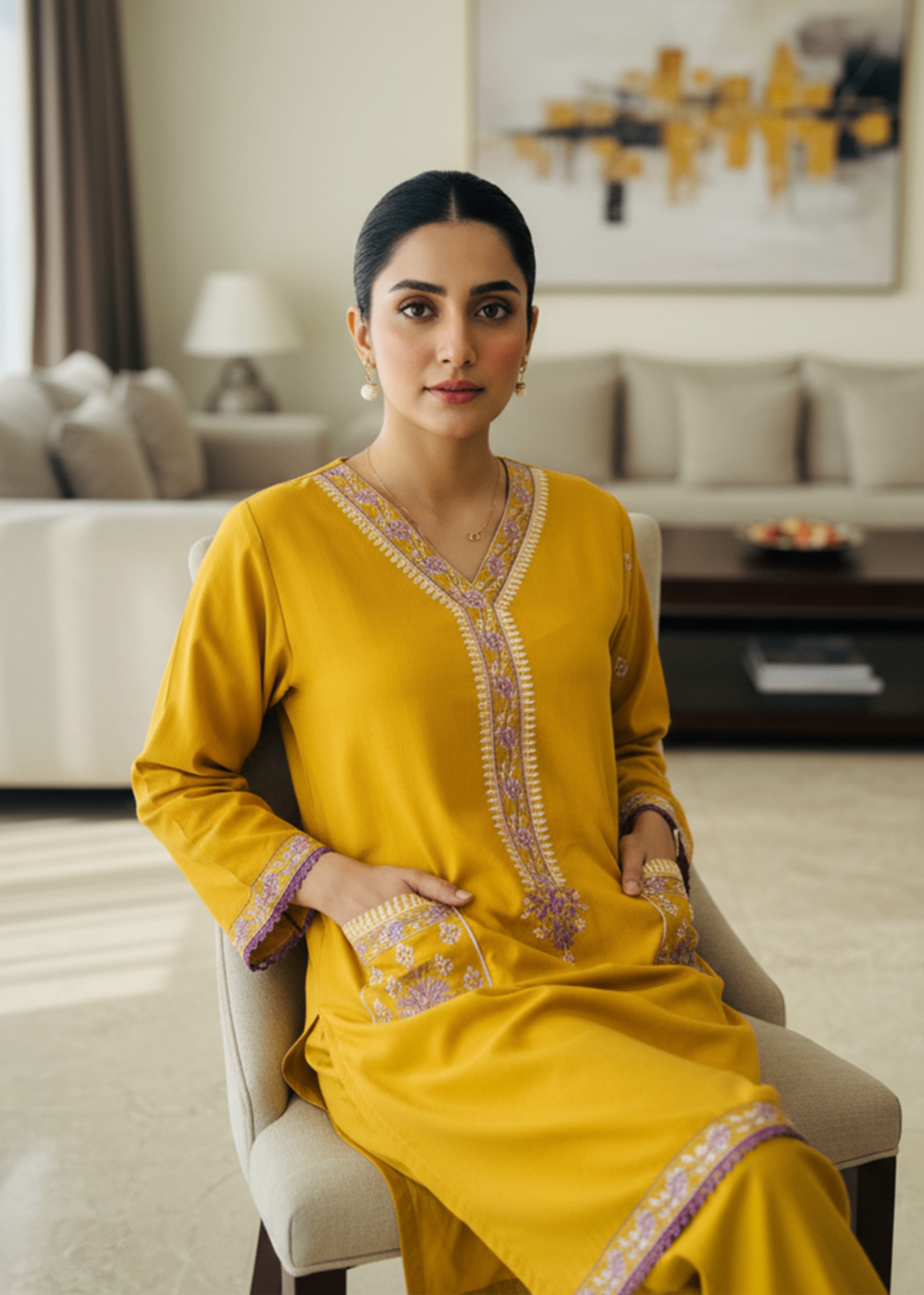 dhanak Kurta Set in Lemon