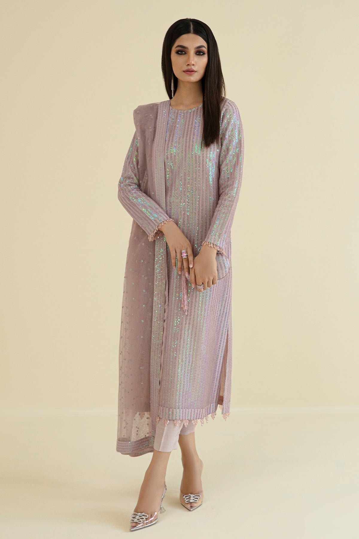 net Kurta Set in Mauve