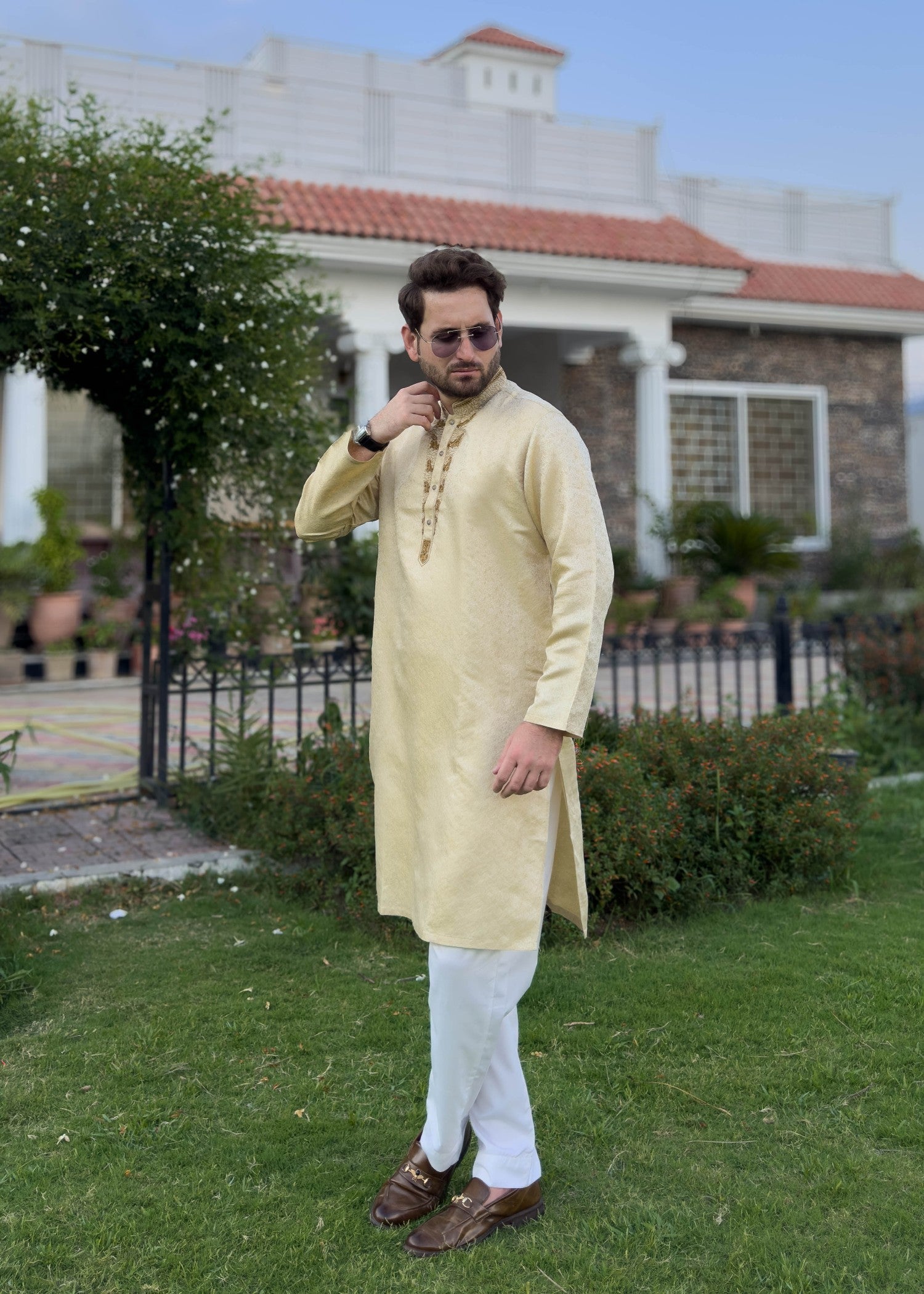 traditional jamawar Kurta in Gold