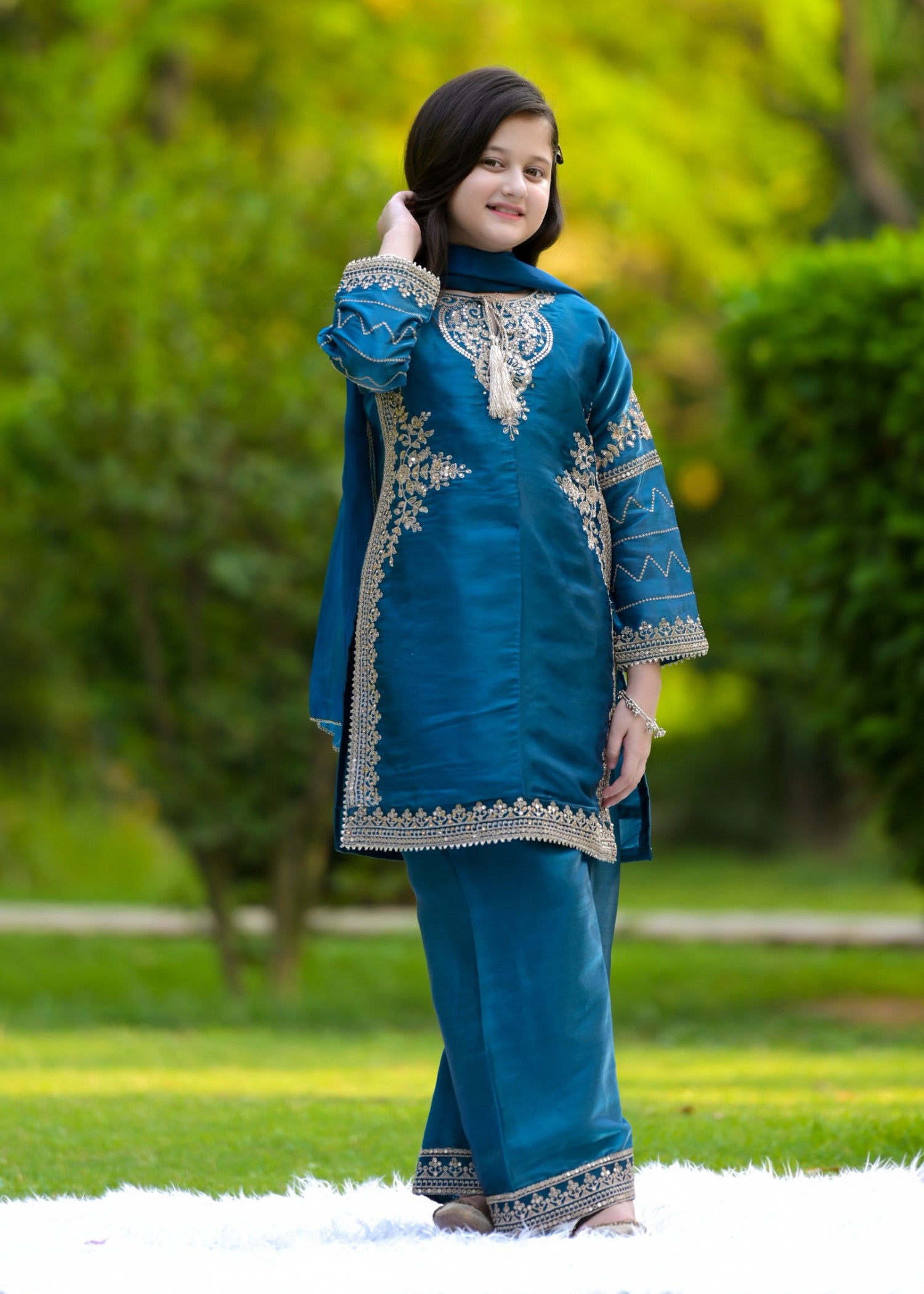 silk Kurta Set in Yale blue
