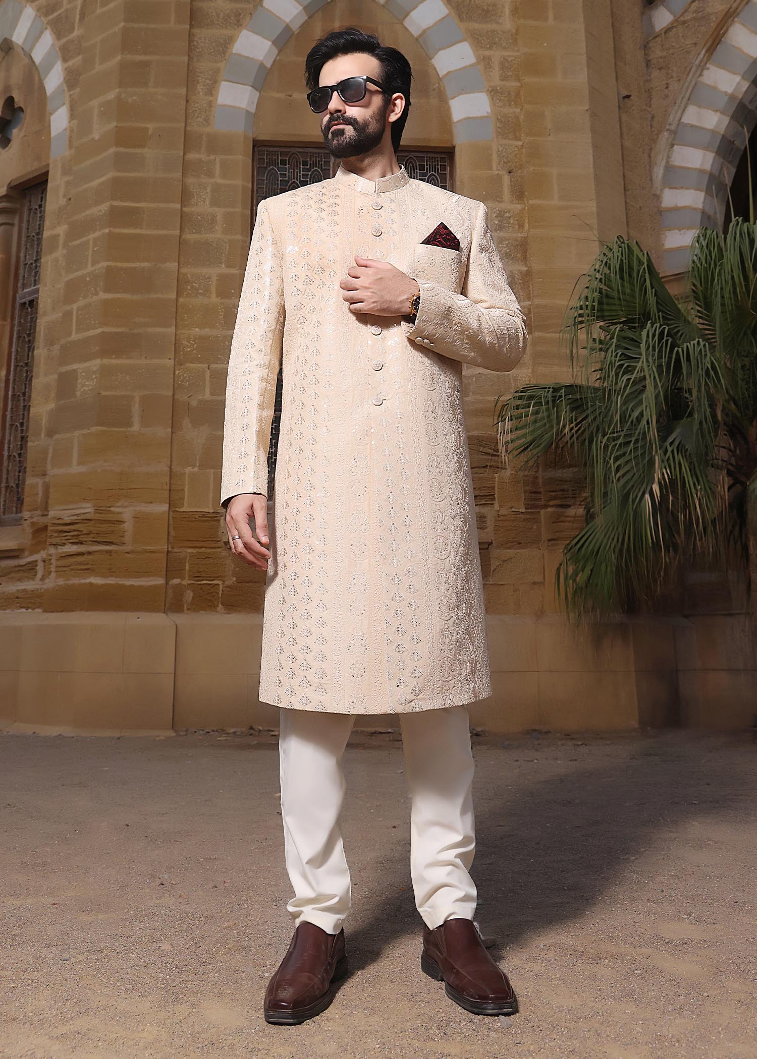 raw silk Sherwani in Beige
