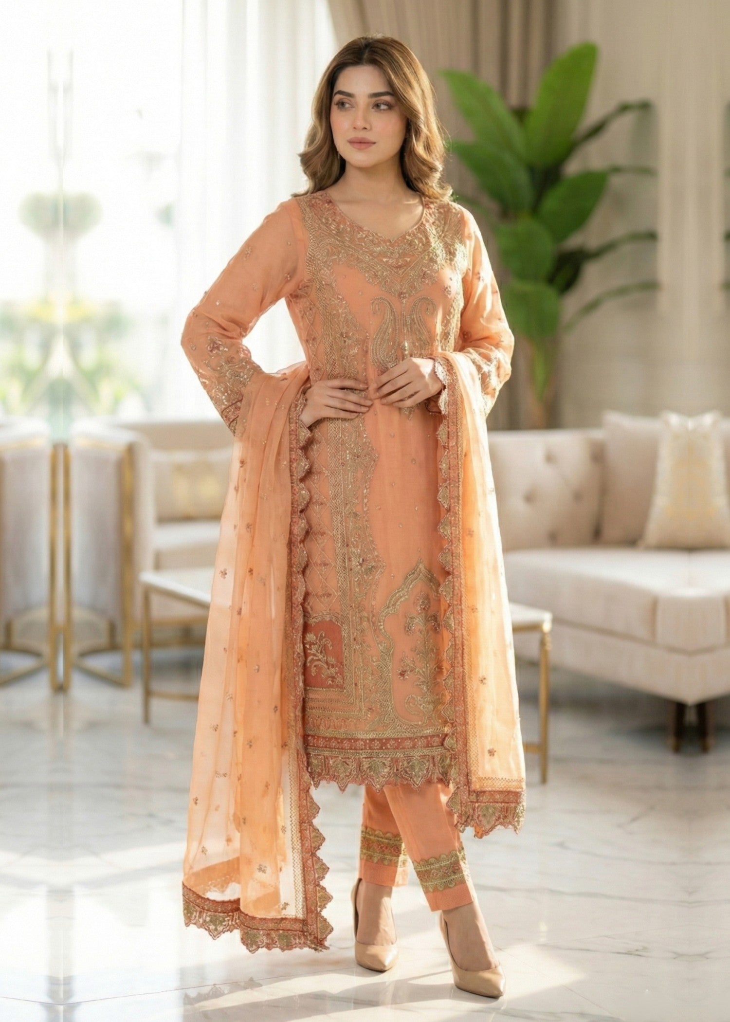 organza Kurta Set in Coral orange