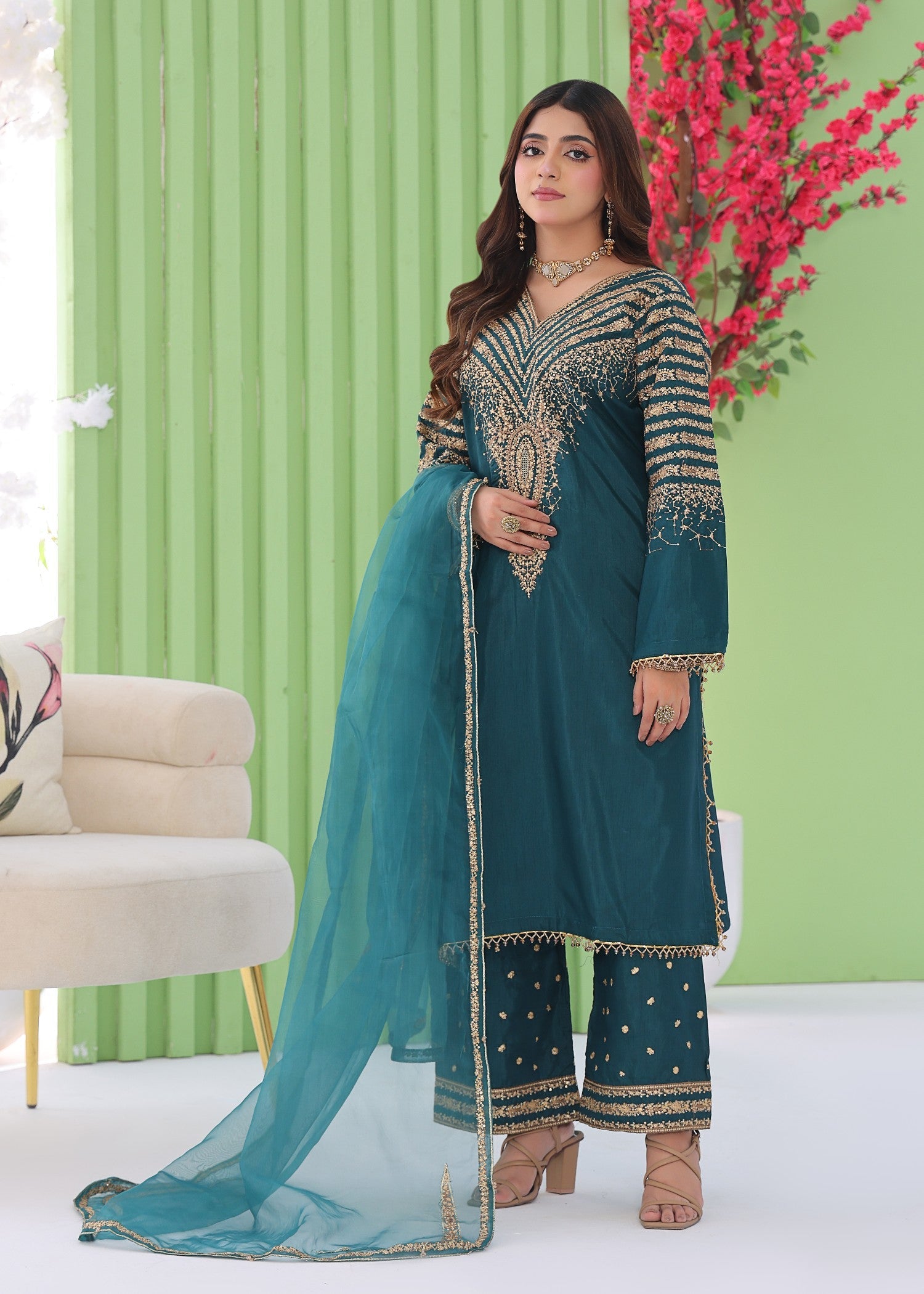 raw silk Kurta Set in Sea green