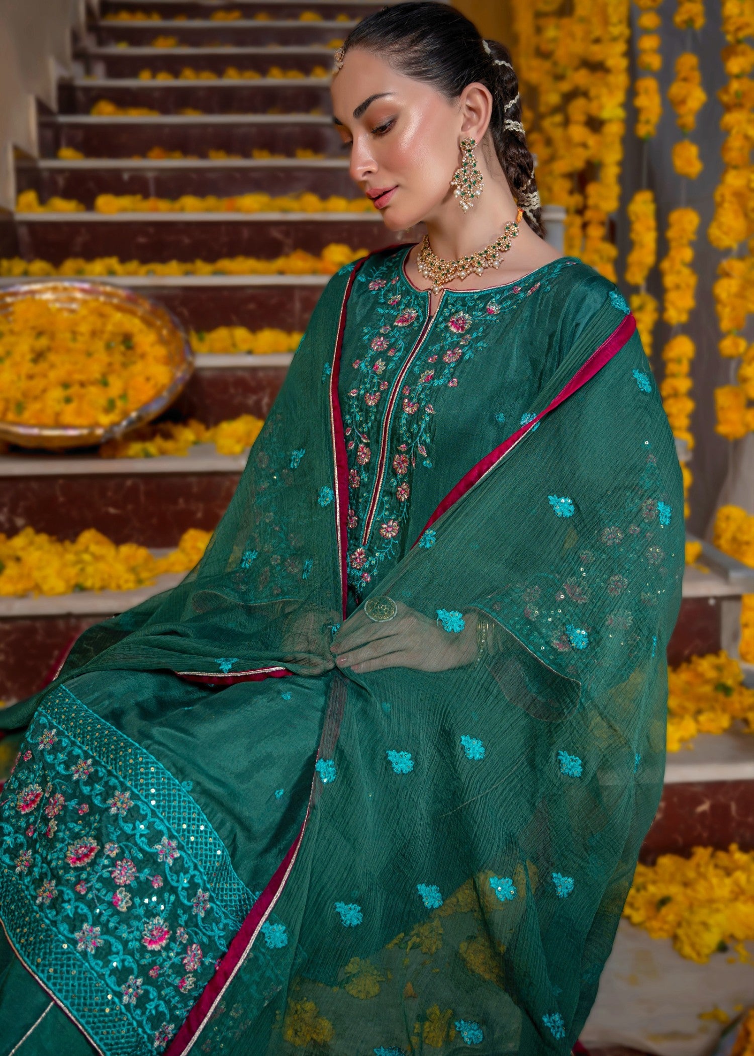 cotton silk Kurta Set in Dark green