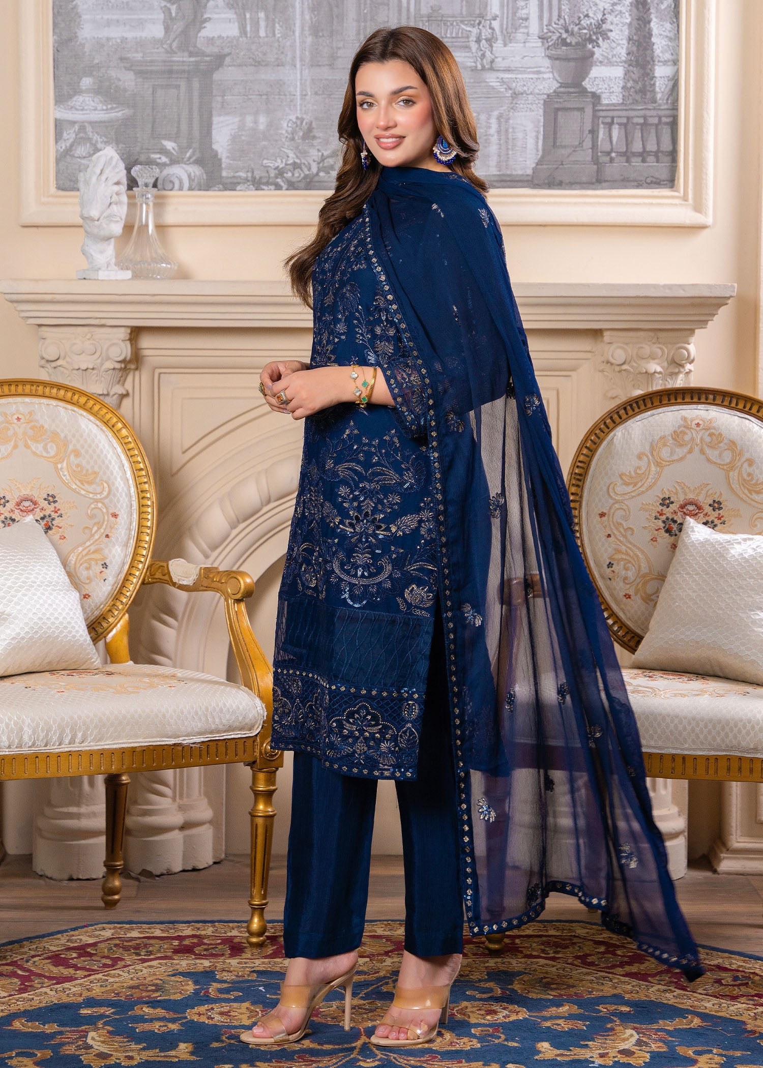 crinkle Kurta Set in Navy blue