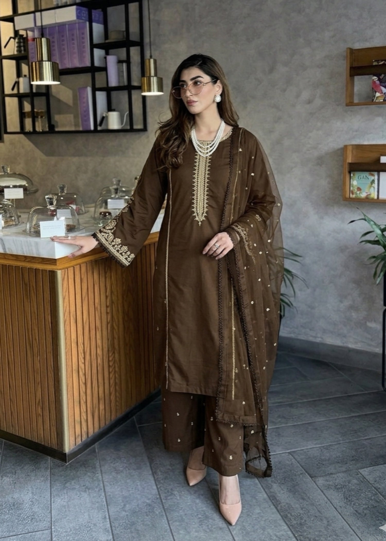 cotton Kurta Set in Walnut brown