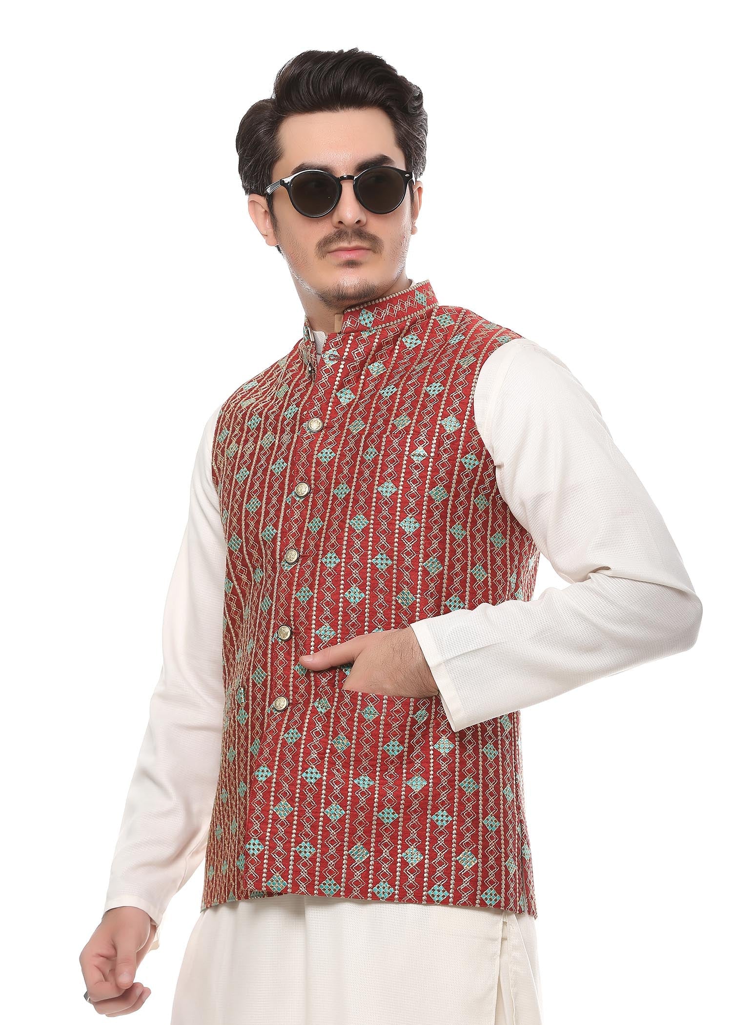 banarsi silk Waistcoat in Red