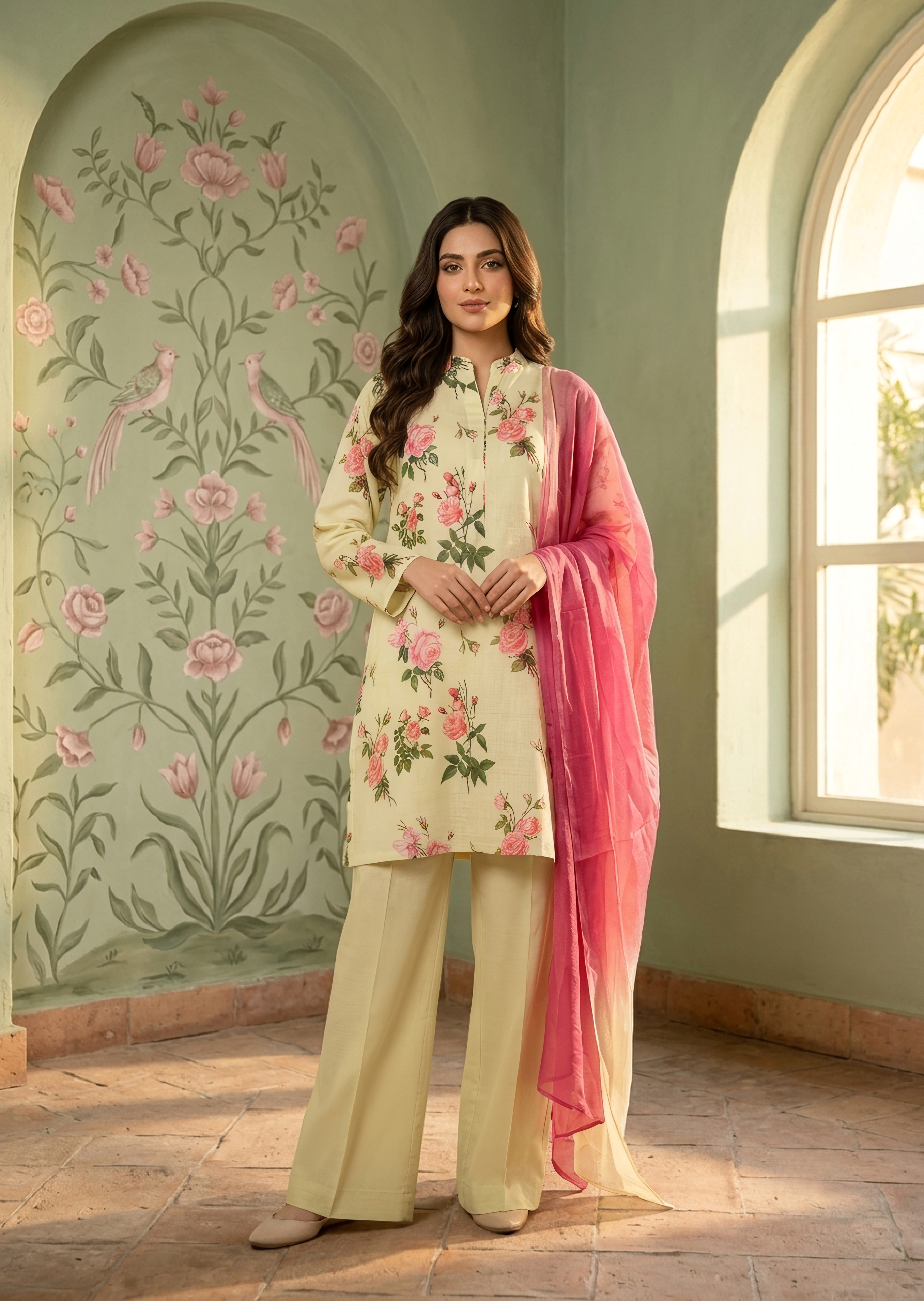 slub lawn Kurta Set in Butter
