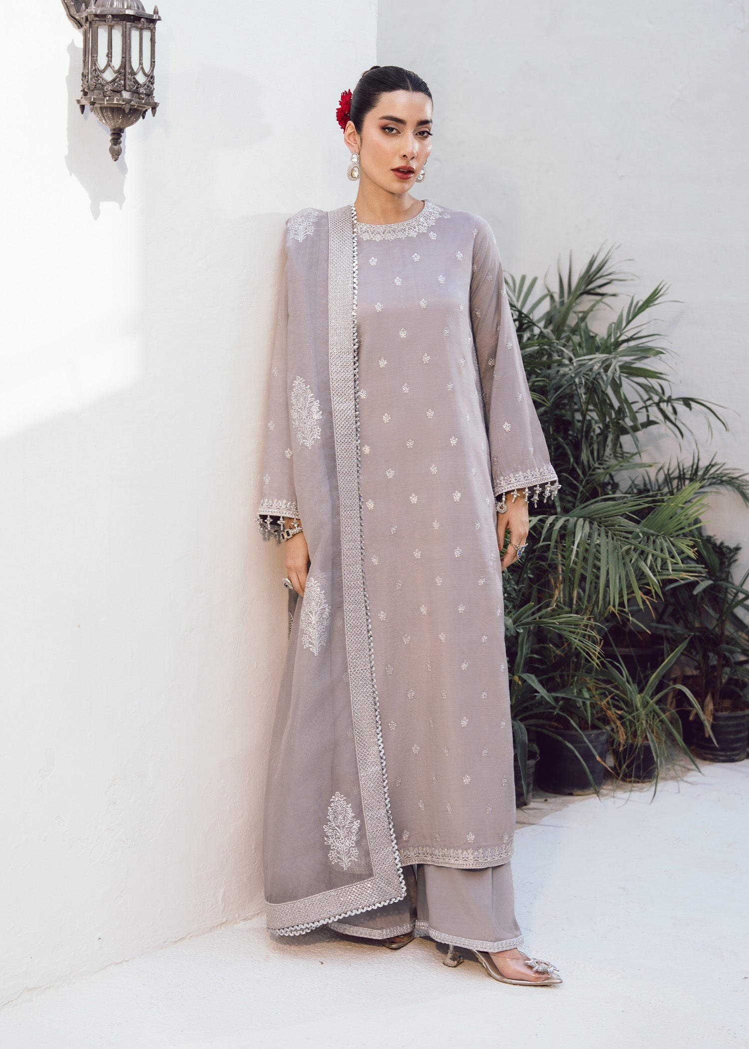 raw silk Kurta Set in Ash grey