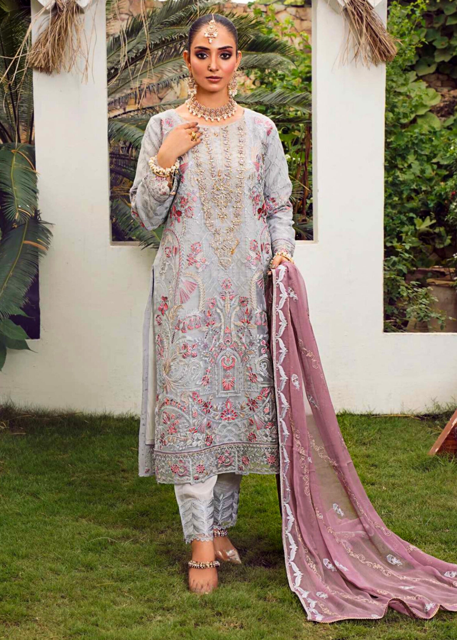 organza Kurta Set in Light grey
