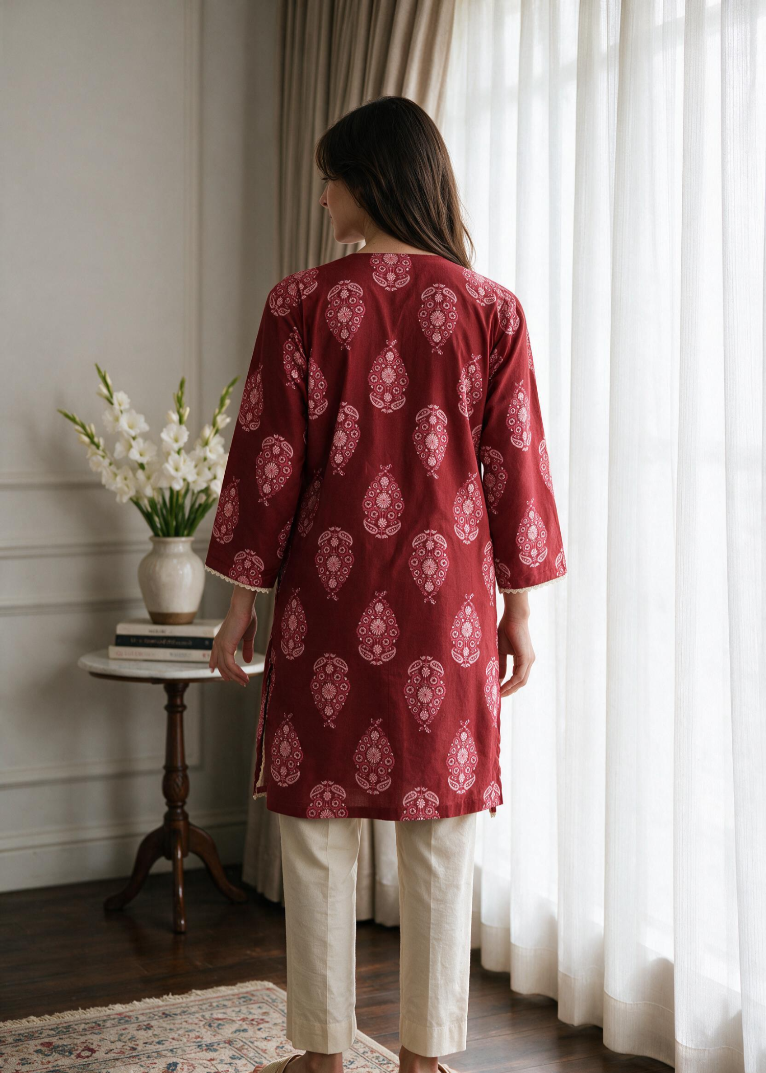 lawn Kurti in Rose red