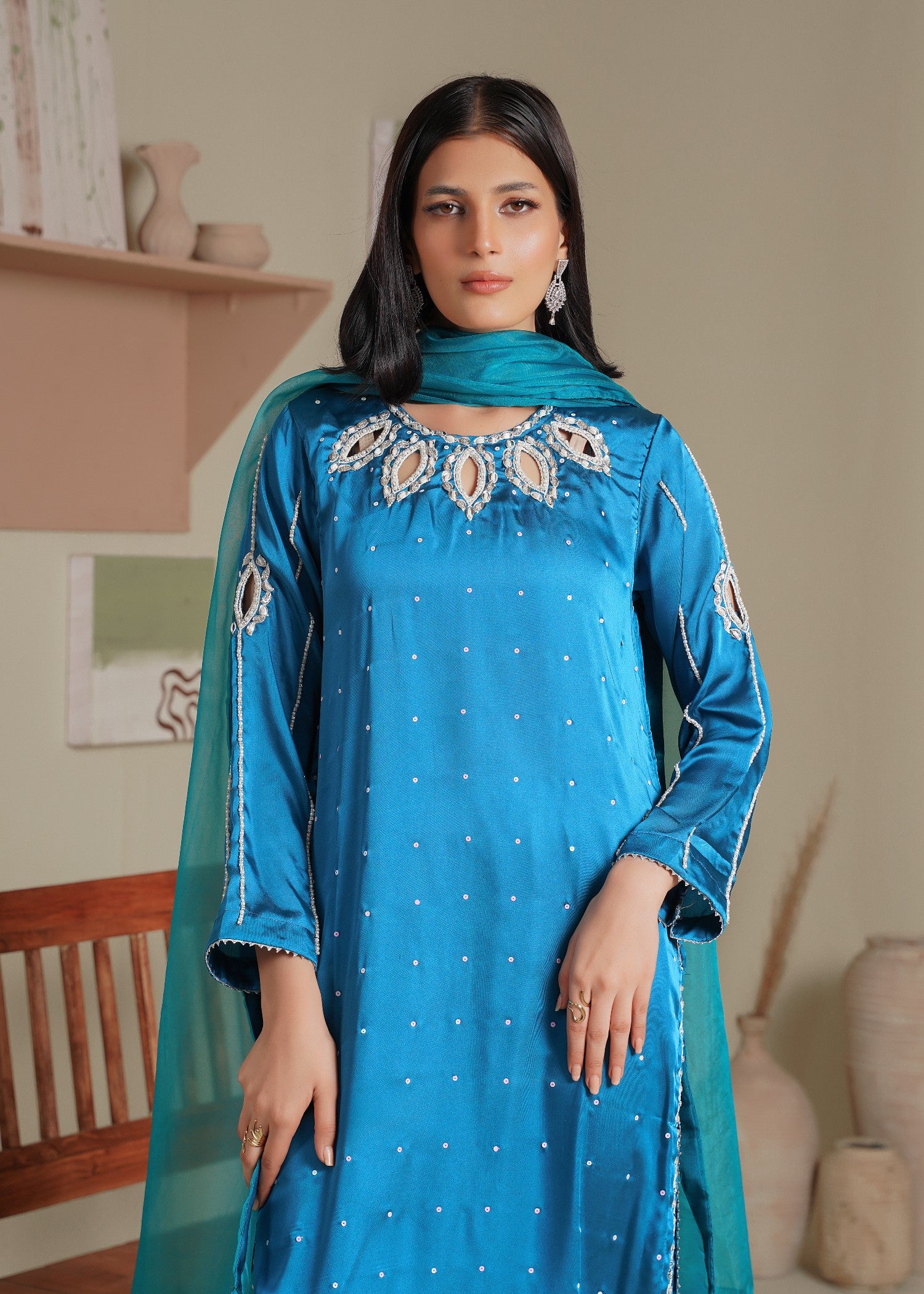 silk Kurta Set in Dodger blue