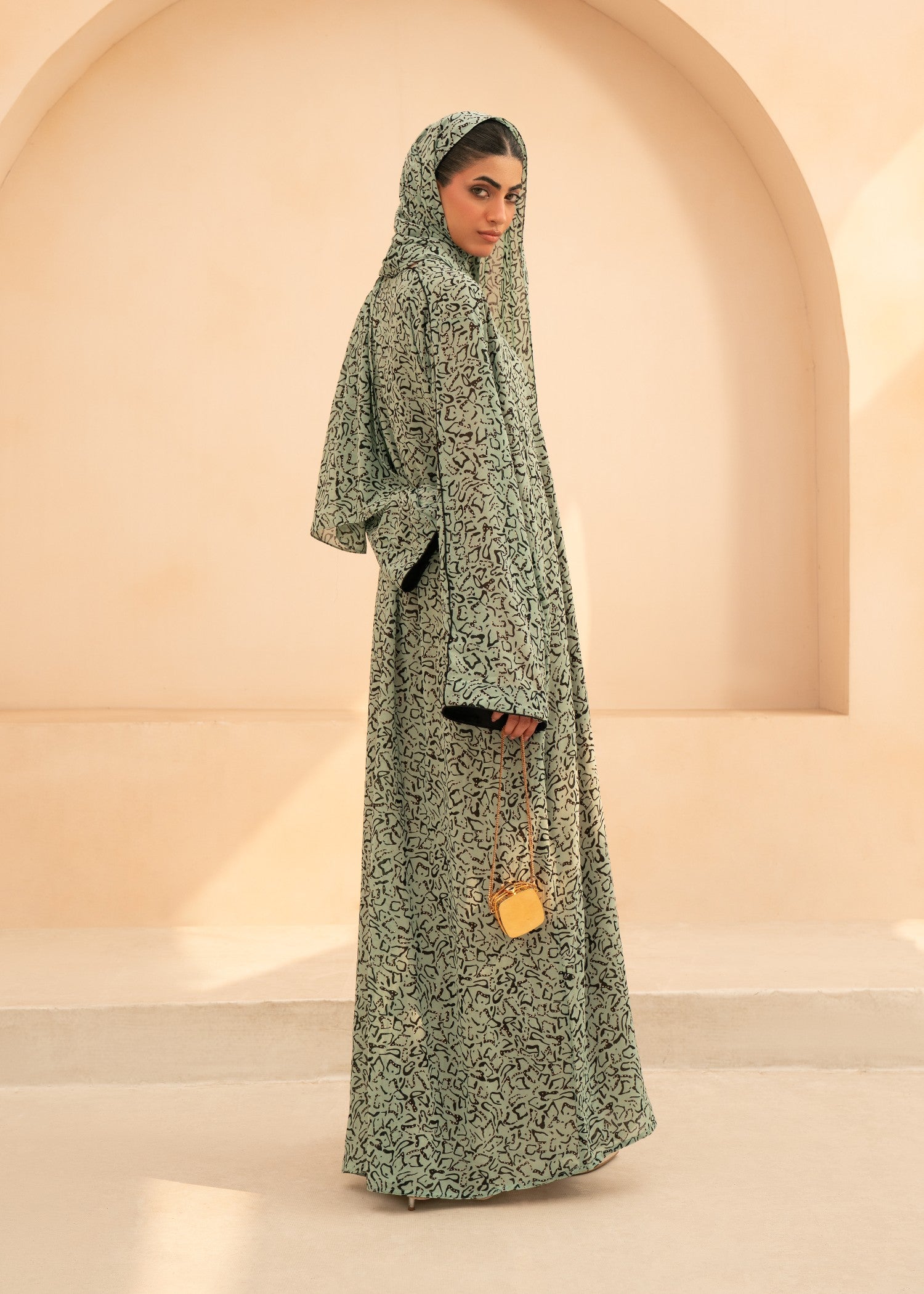 chiffon Abaya in Black, sage green, multi