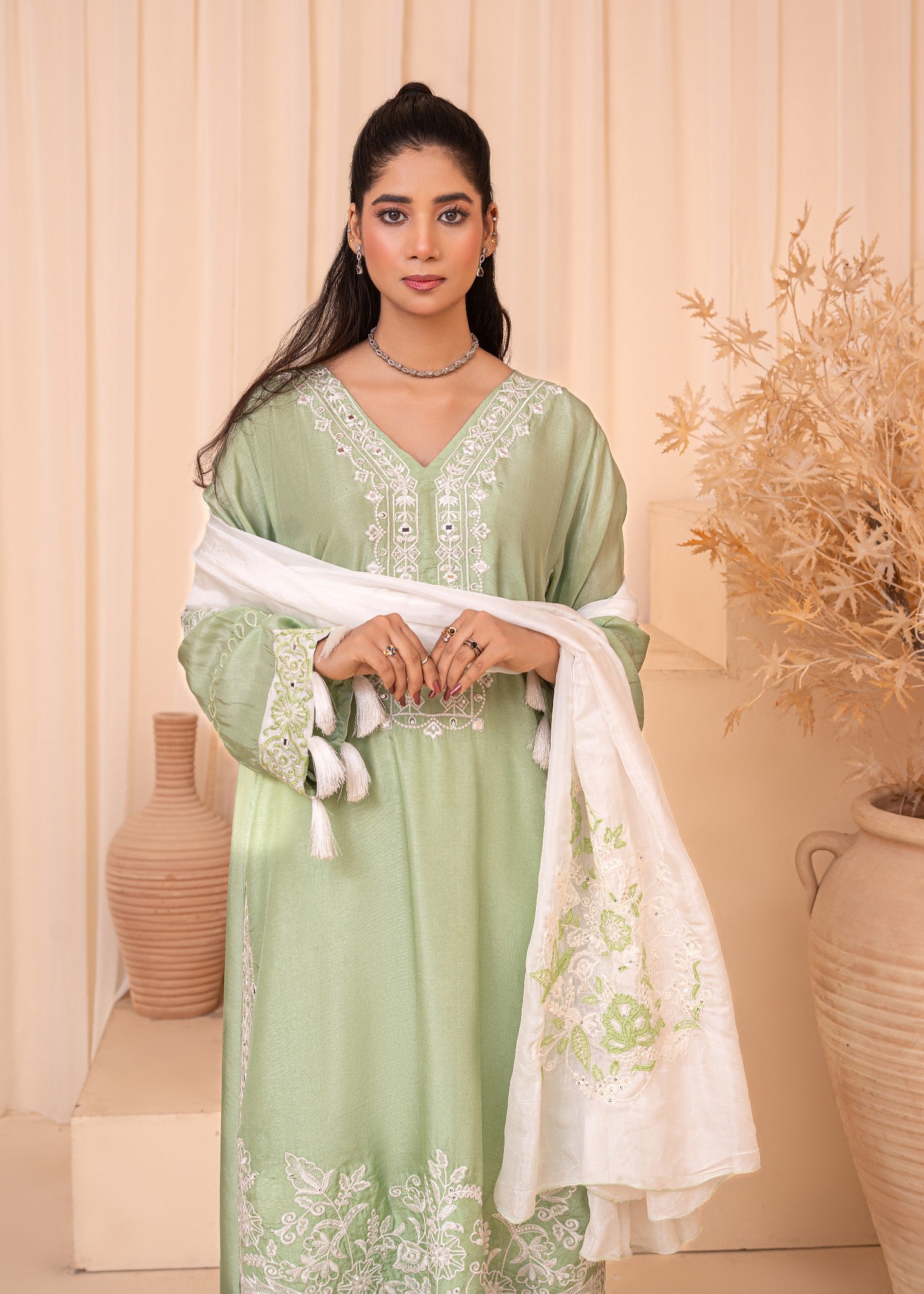 silk Kaftan in White, pistachio green