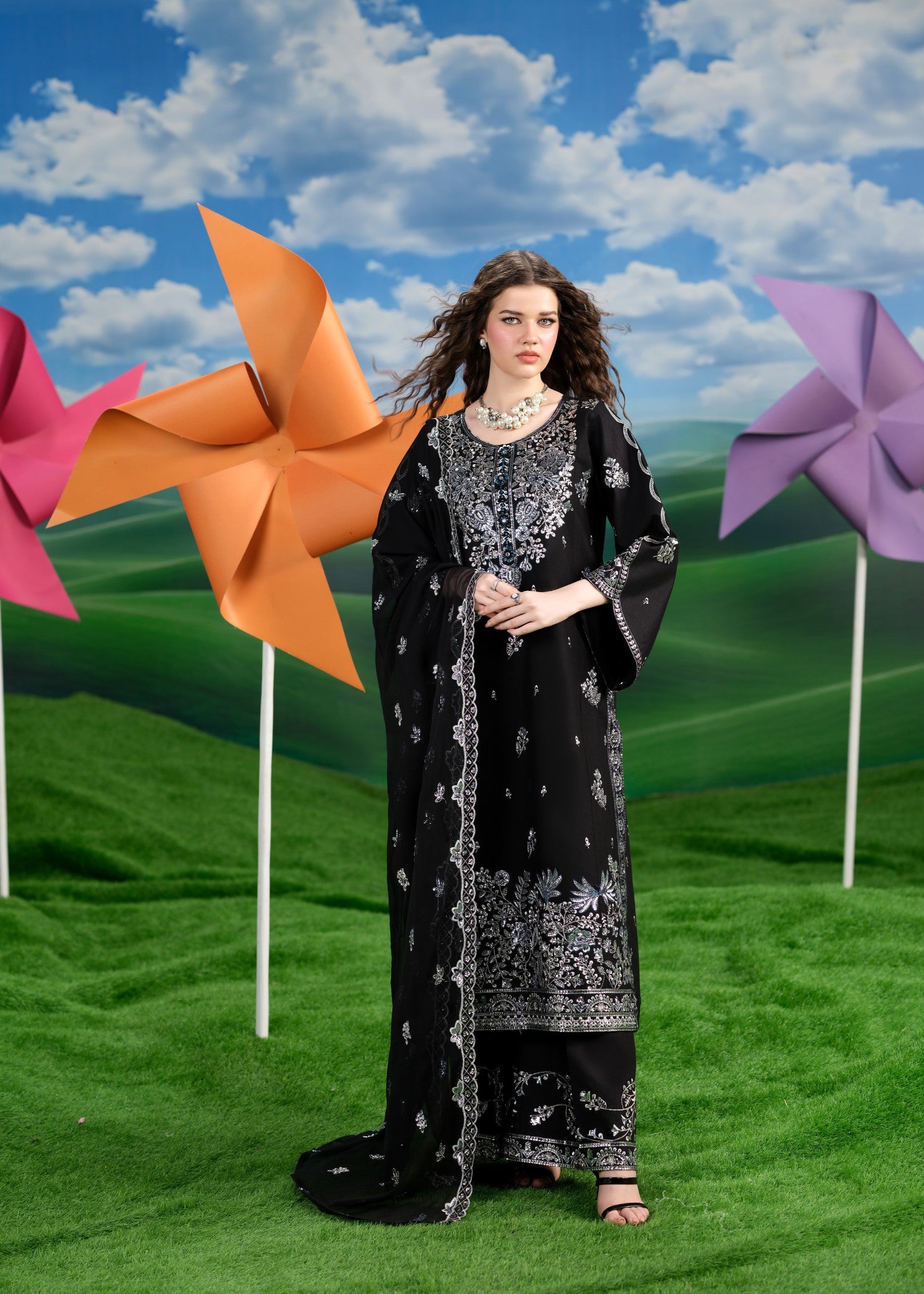 cambric cotton Kurta Set in Black