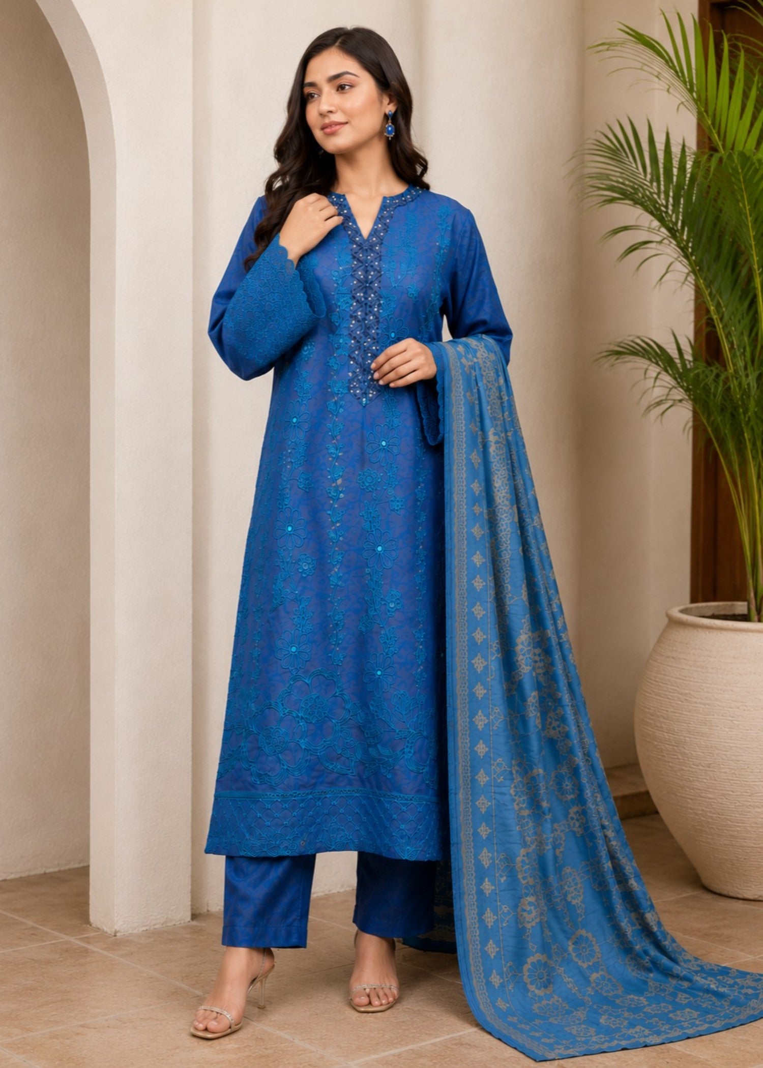 lawn cotton Kurta Set in Carolina blue