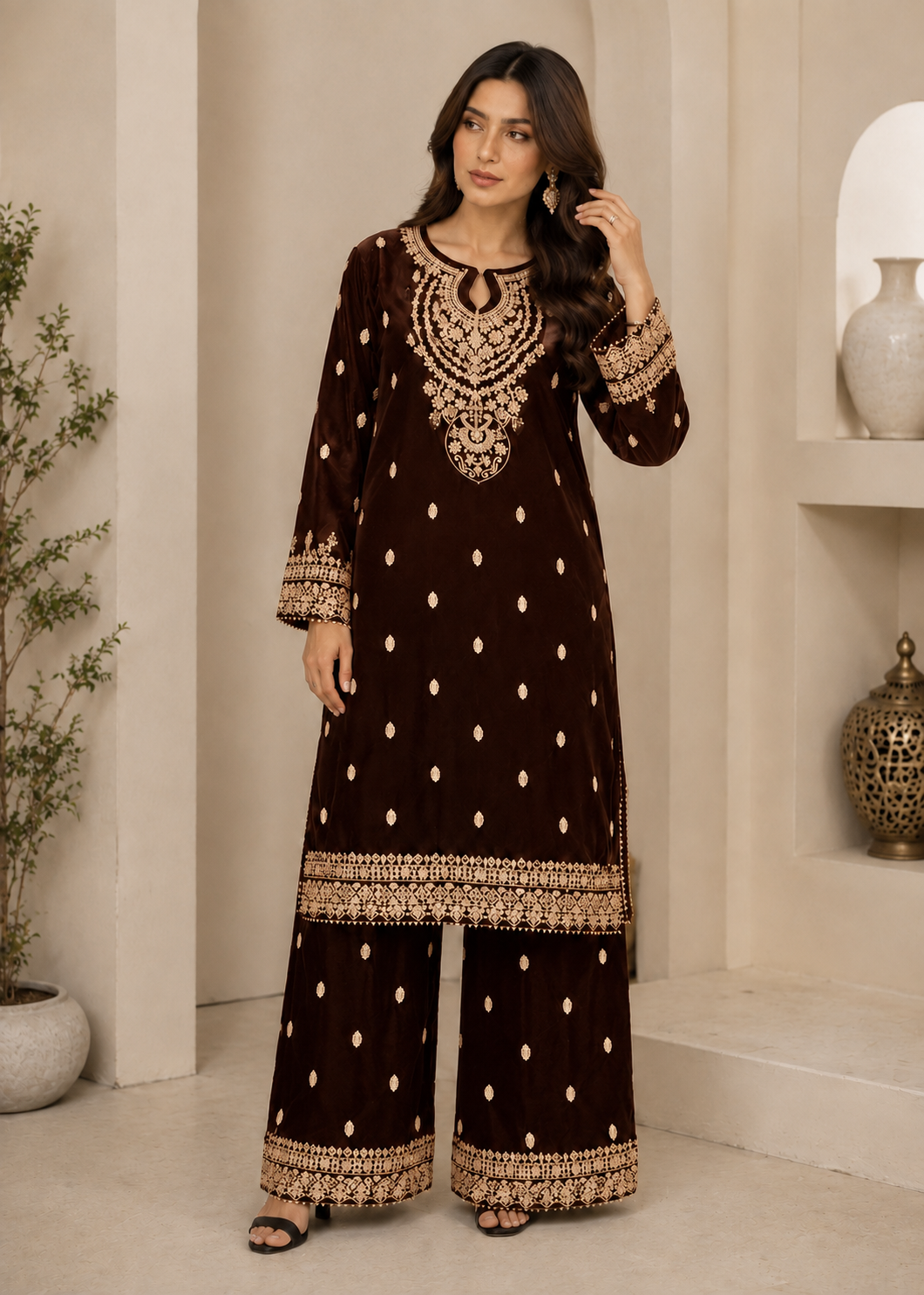 chinese micro velvet 9000 Kurta Set in Dark brown