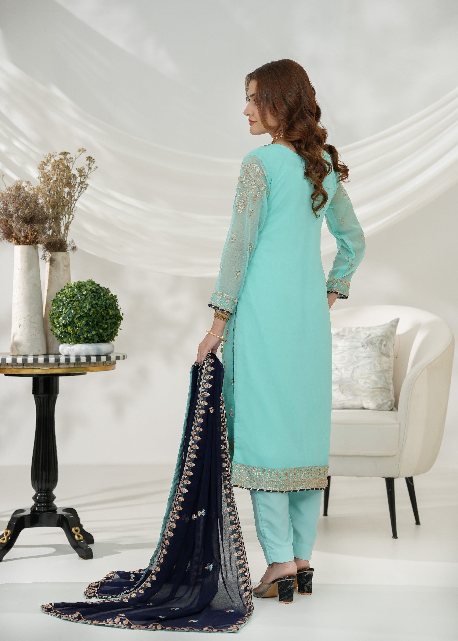 chiffon Kurta Set in Aquamarine, navy blue