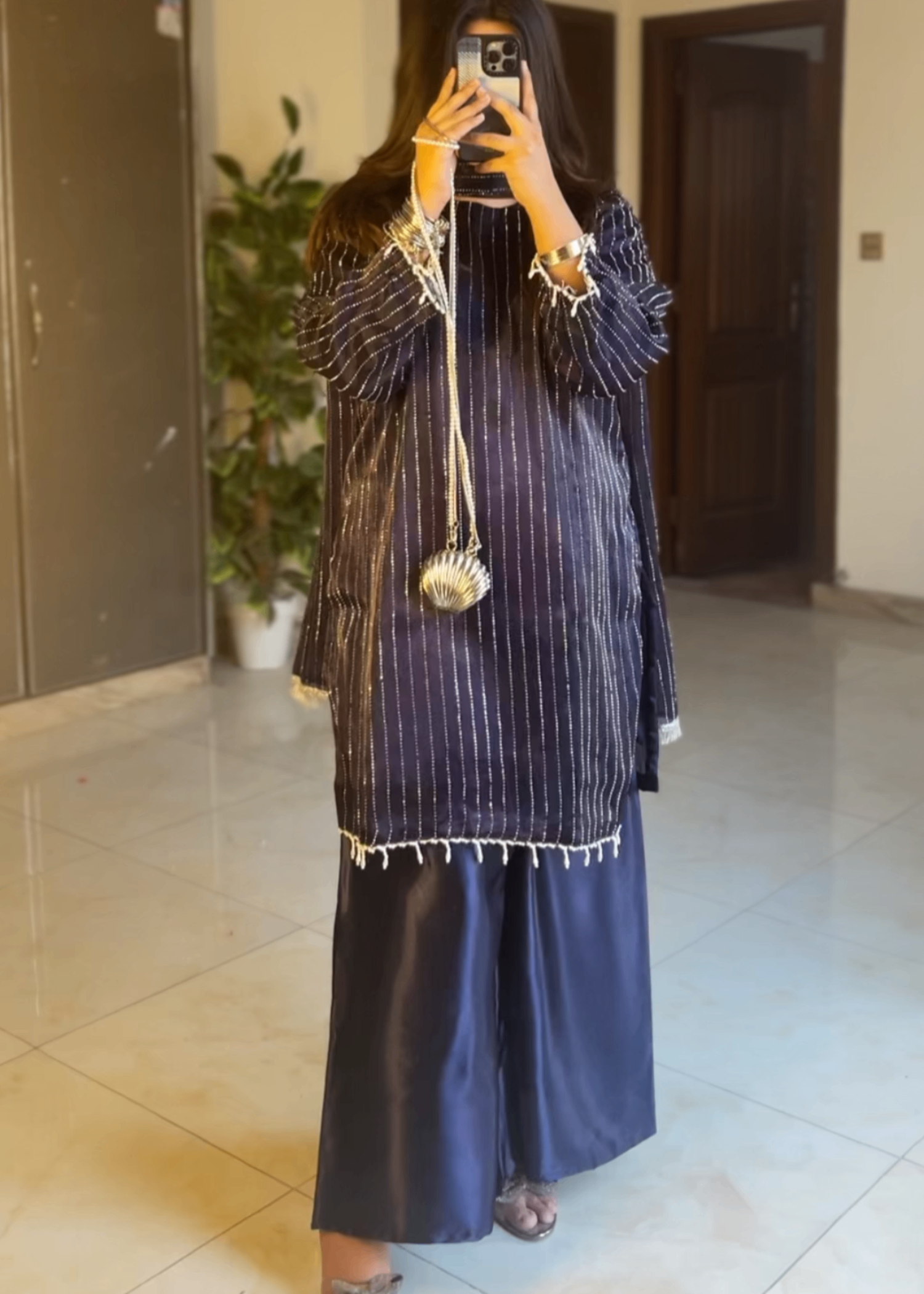 crinkle Kurta Set in Navy blue