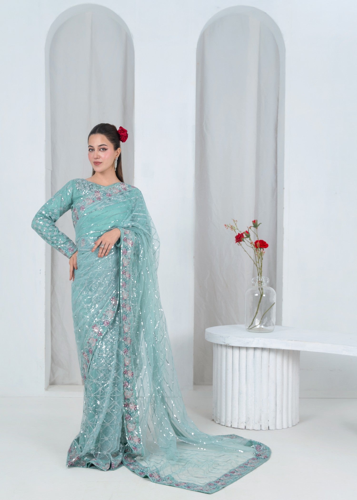 net Saree in Teal