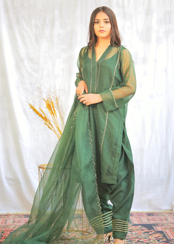 poly organza Kurta Set in Apple green