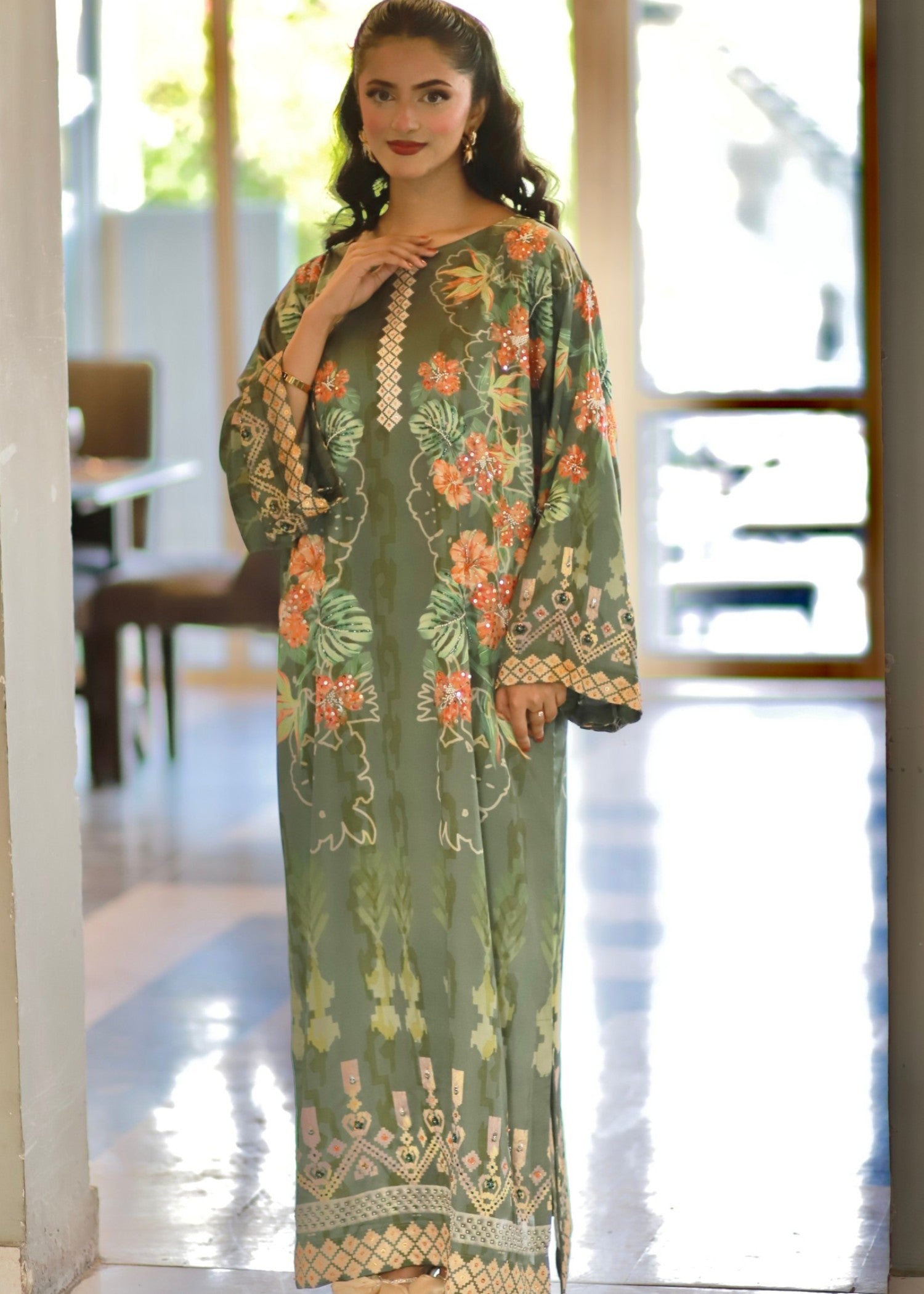 pk charmuse silk Kaftan in Olive green